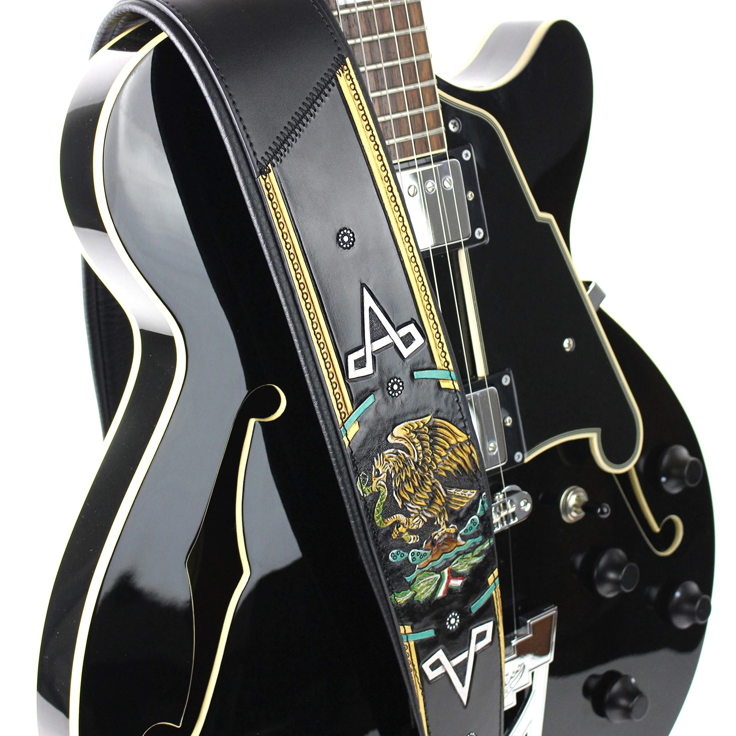 Walker And Williams KB-52-BLK Handmade Heritage Series Black Leather Guitar Strap With Hand Carved And Painted Mexican Coat Of Arms Design For Acoustic, Electric, And Bass Guitars - Image 5