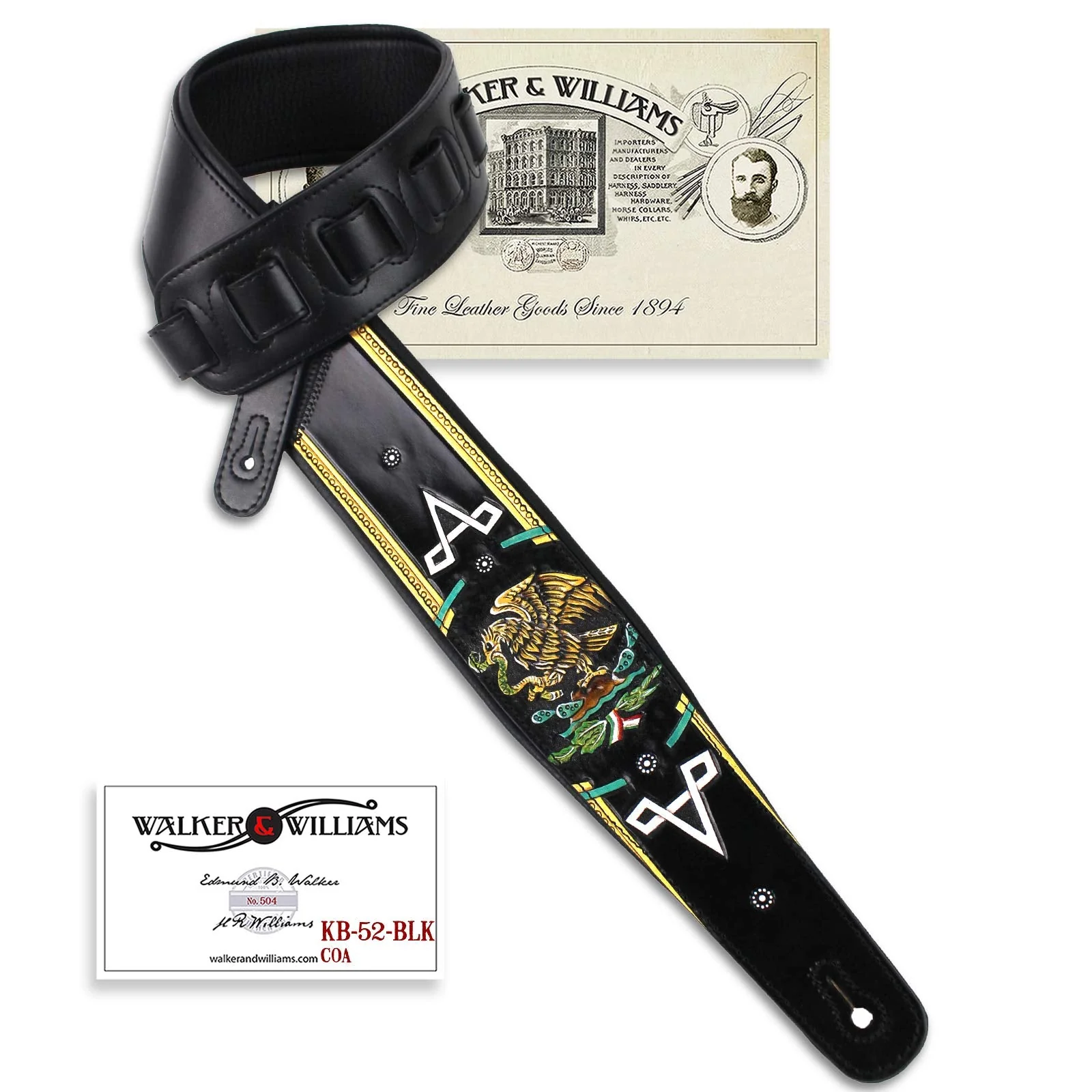 Walker And Williams KB-52-BLK Handmade Heritage Series Black Leather Guitar Strap With Hand Carved And Painted Mexican Coat Of Arms Design For Acoustic, Electric, And Bass Guitars - Image 9