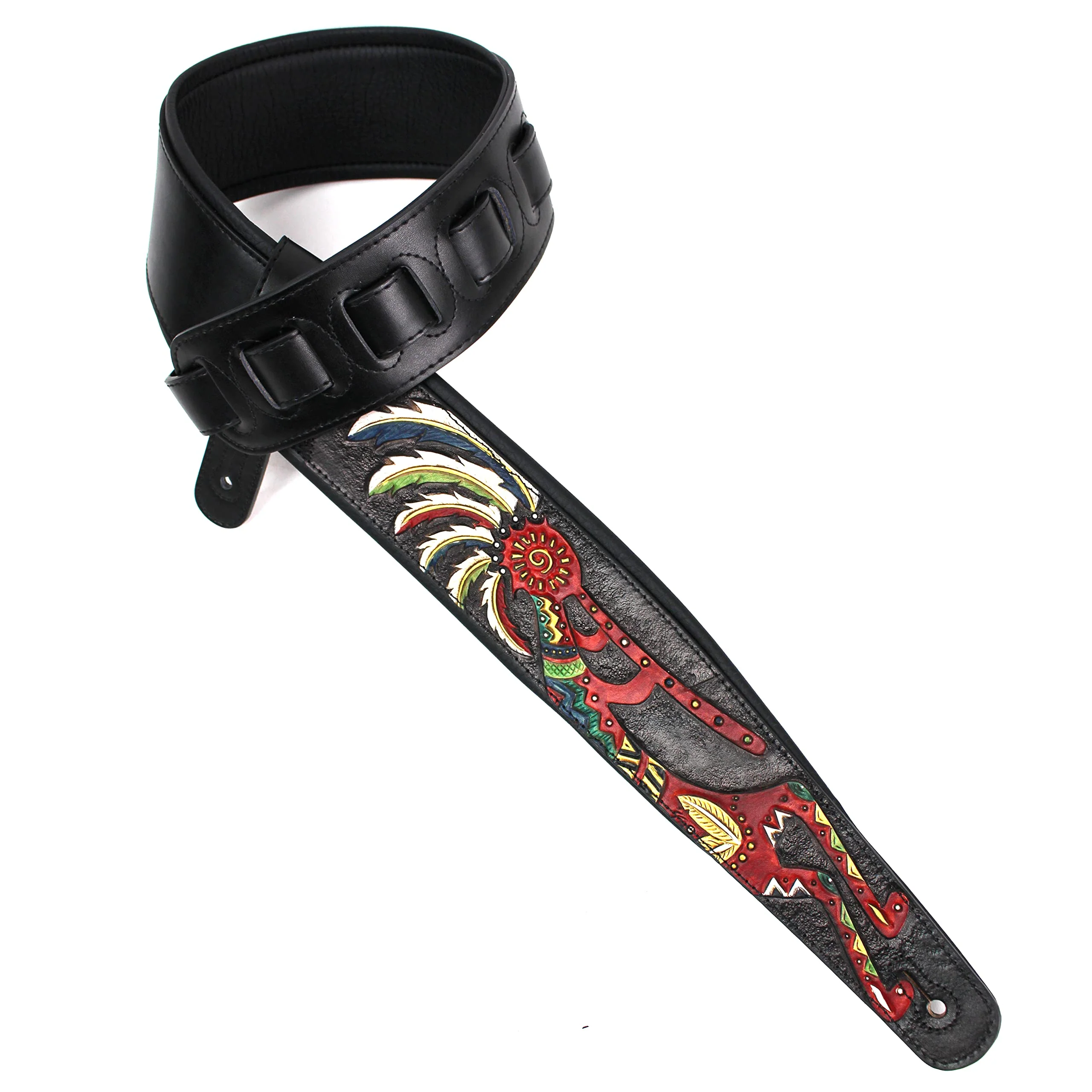 Walker And Williams KB-56-BLK Handmade 3" Wide Black Padded Guitar Strap With Carved Red Kokopelli Design On Premium Black Leather For Acoustic, Electric, And Bass Guitars