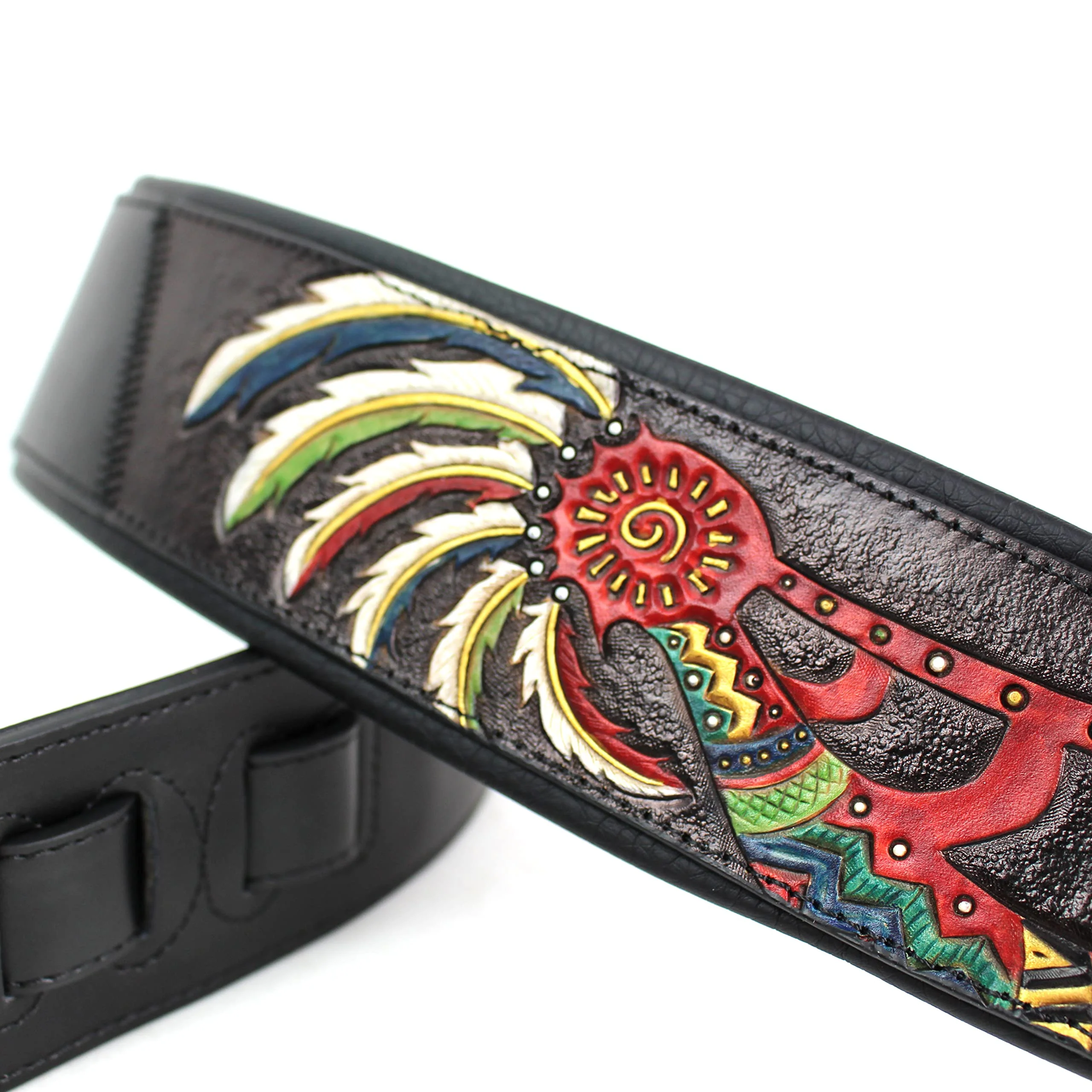 Walker And Williams KB-56-BLK Handmade 3" Wide Black Padded Guitar Strap With Carved Red Kokopelli Design On Premium Black Leather For Acoustic, Electric, And Bass Guitars - Image 3