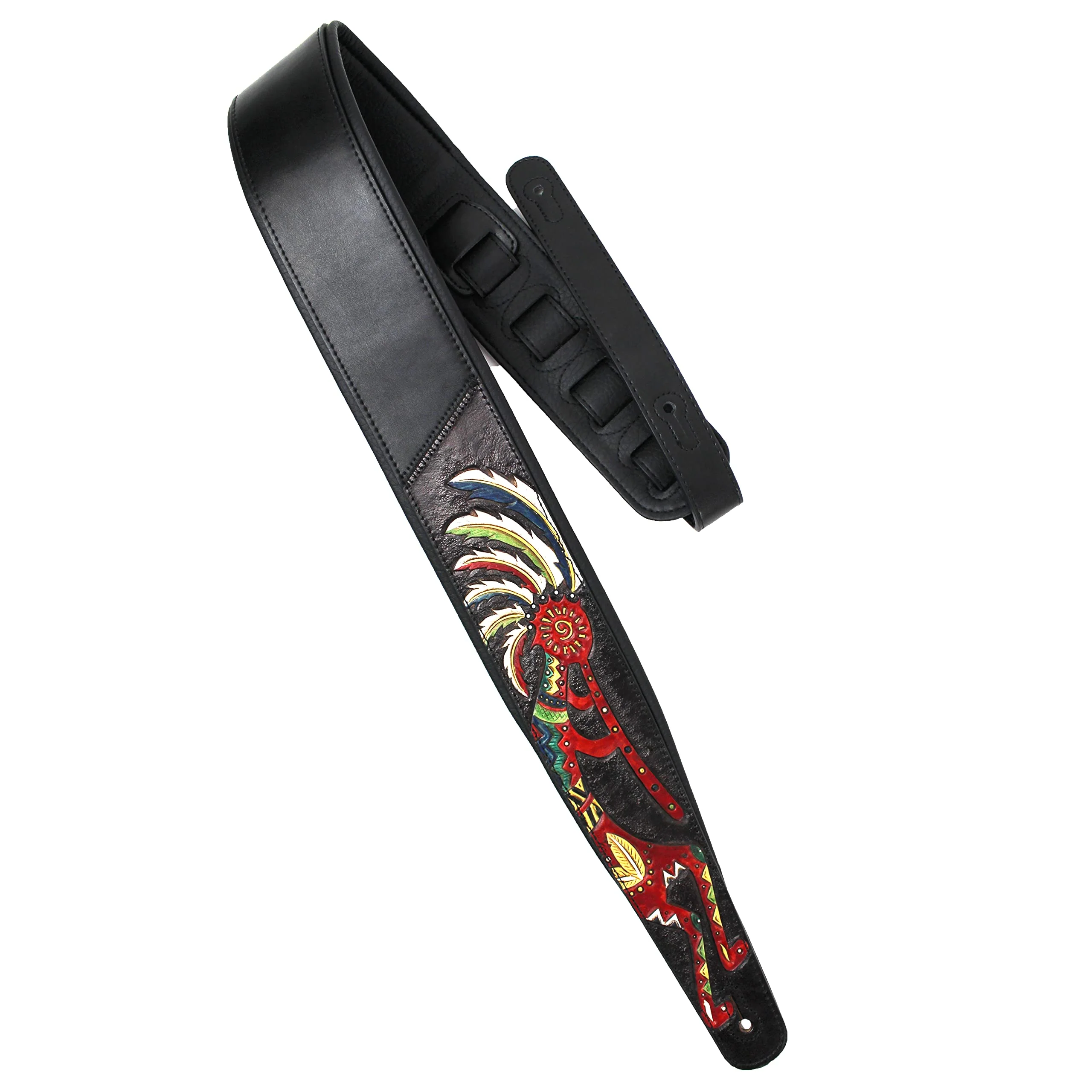 Walker And Williams KB-56-BLK Handmade 3" Wide Black Padded Guitar Strap With Carved Red Kokopelli Design On Premium Black Leather For Acoustic, Electric, And Bass Guitars - Image 5