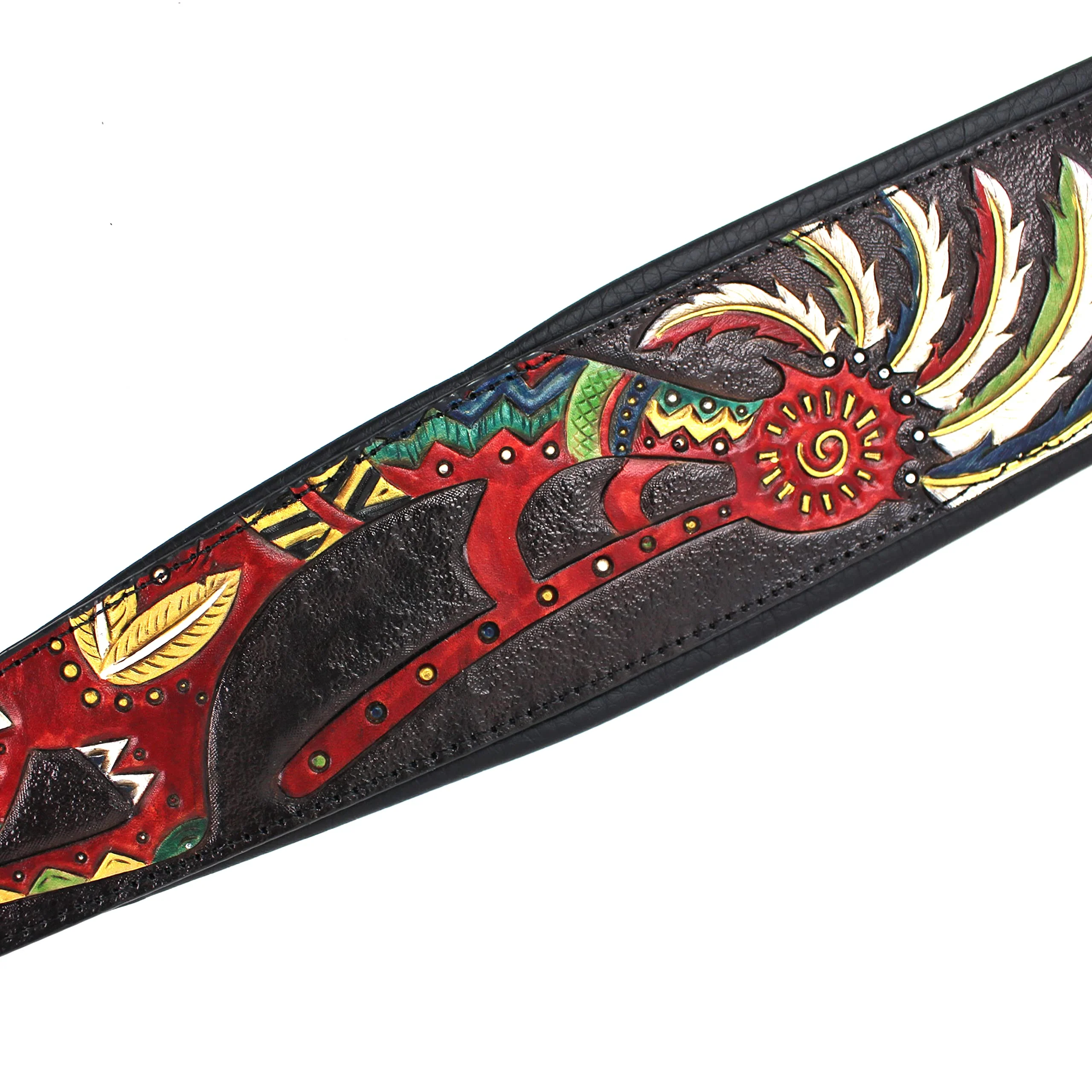 Walker And Williams KB-56-BLK Handmade 3" Wide Black Padded Guitar Strap With Carved Red Kokopelli Design On Premium Black Leather For Acoustic, Electric, And Bass Guitars - Image 6