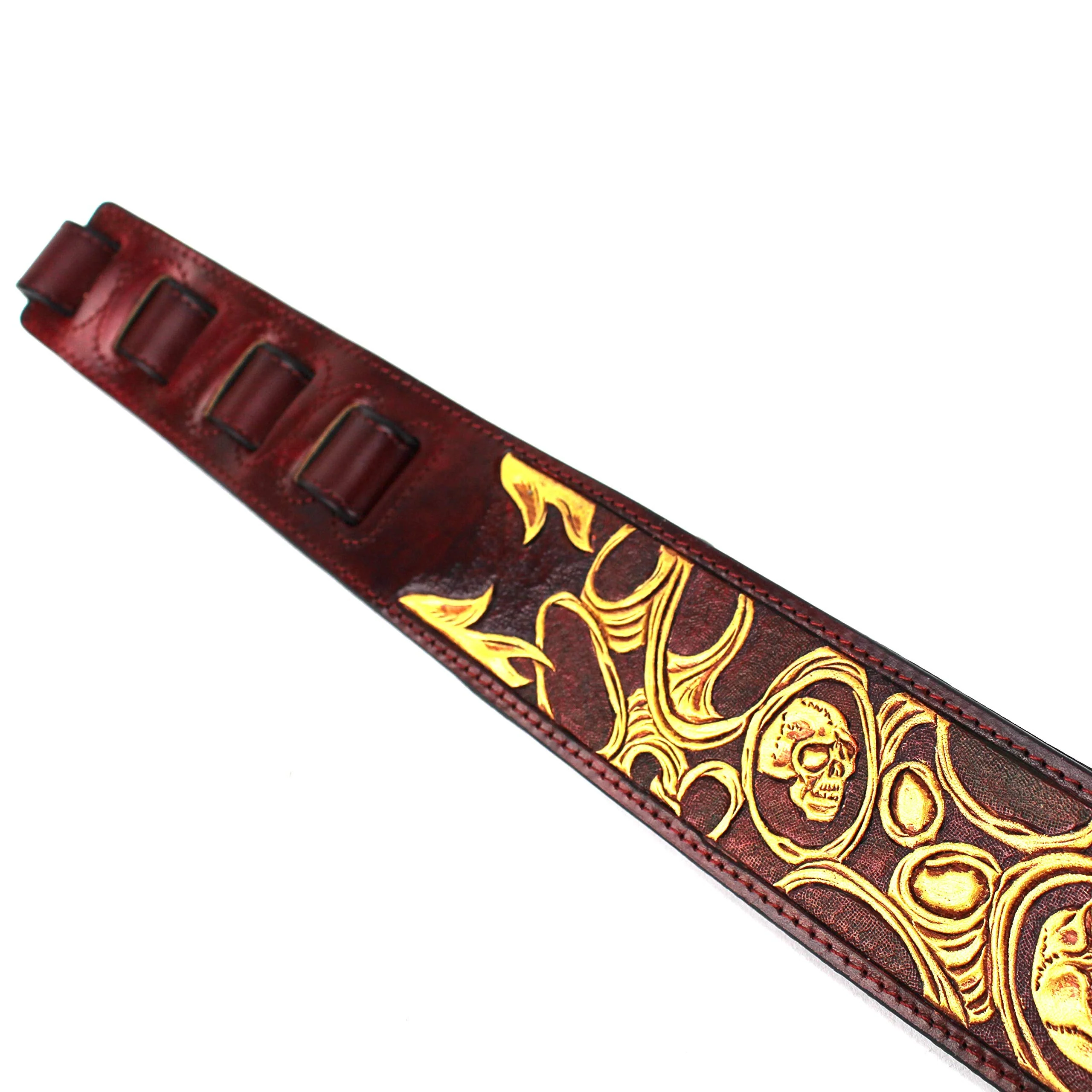 Walker And Williams LHR-45 Handmade Blood Red Premium Carving Leather Guitar Strap With Bright Gold Barbed Skull Carving And Padded Leather Back For Acoustic, Electric, And Bass Guitars - Image 7