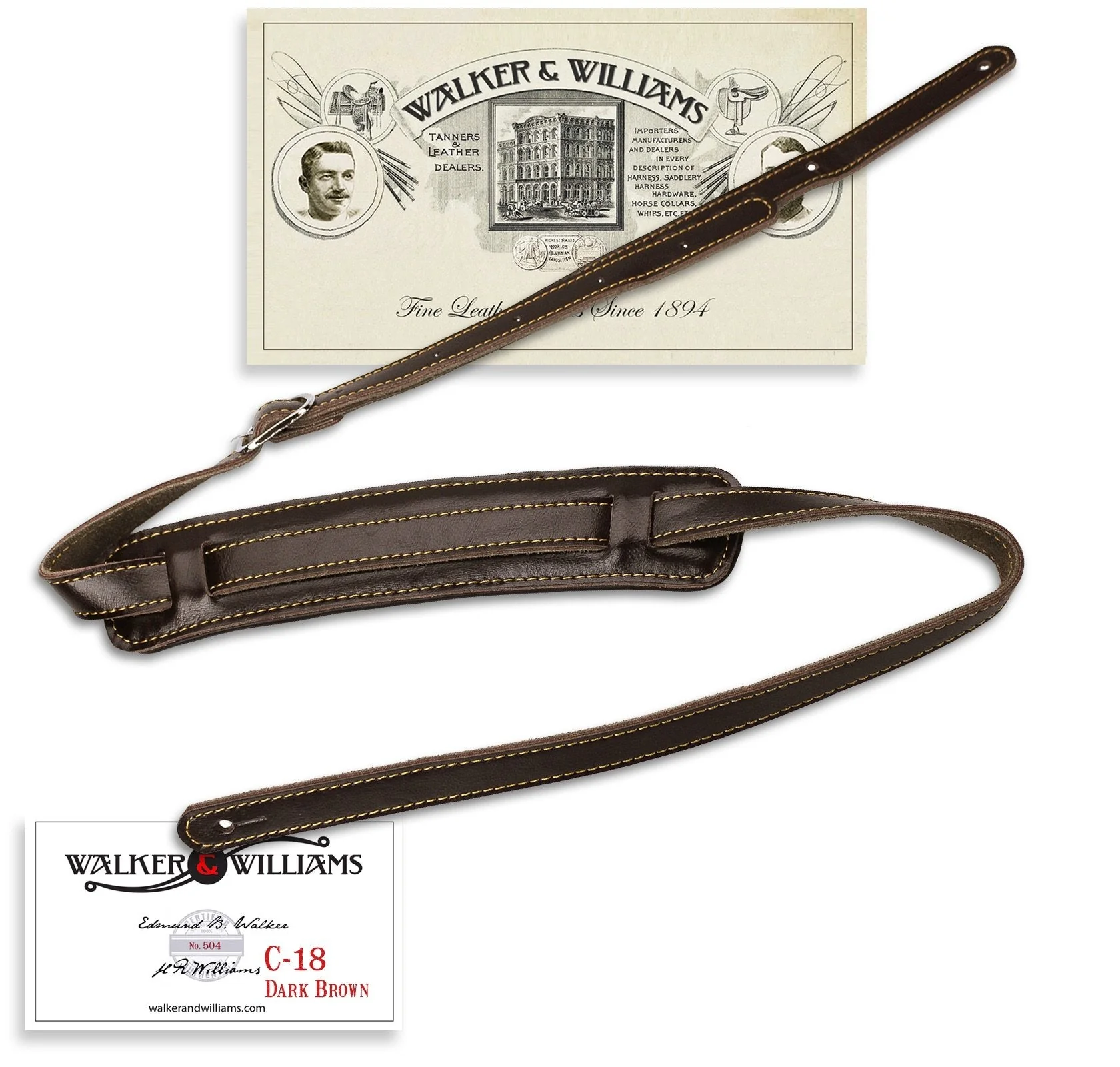 Walker & Williams C-18-BRN Vintage Style Guitar Strap In Premium Dark Brown Leather Extra Long Up To 61" For Acoustic, Electric, And Bass Guitars
