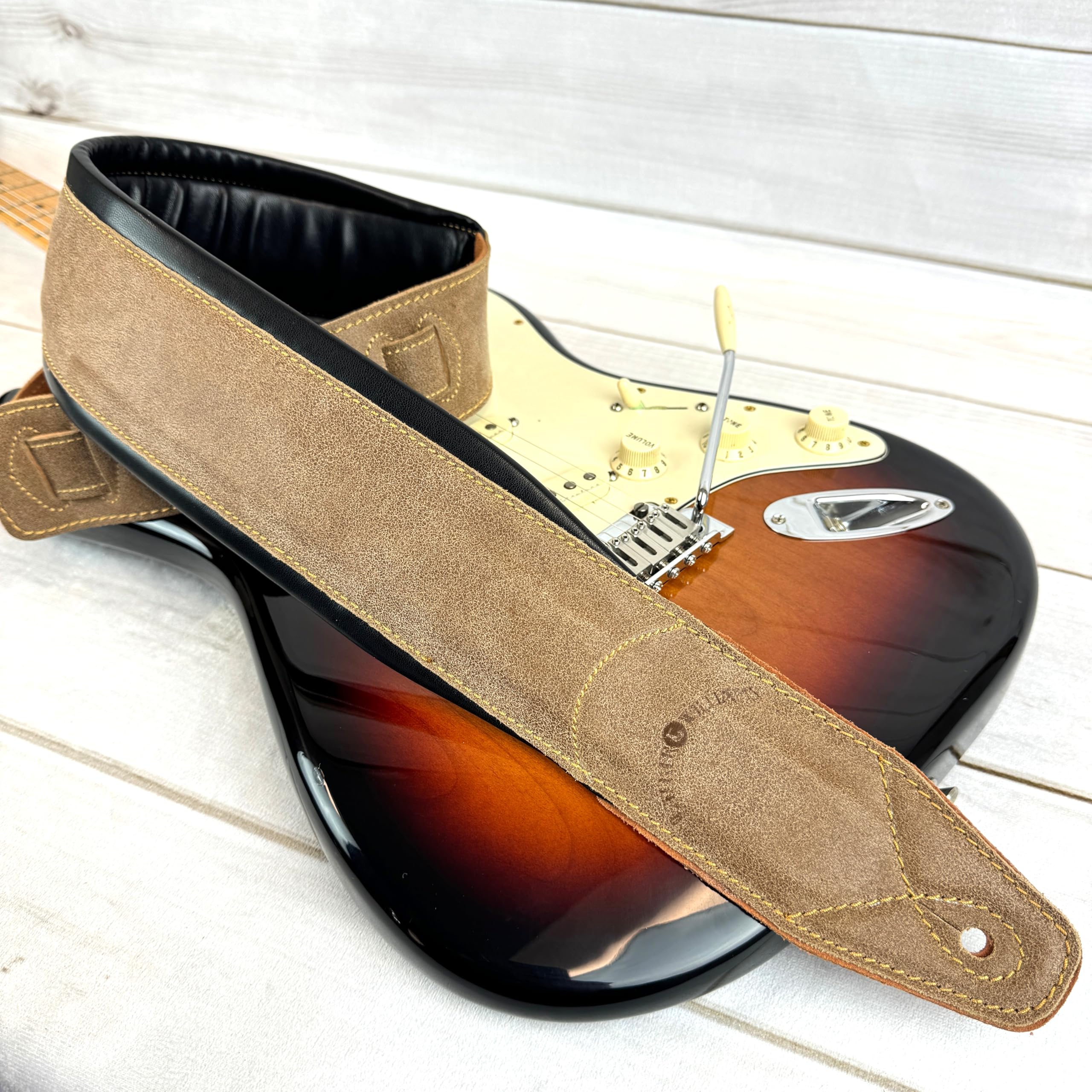 Walker & Williams C-22-DBRN Distressed Brown Finish Premium Signature Grain Leather Strap 3" Wide With Double Padding For Acoustic, Electric, And Bass Guitars - Image 2