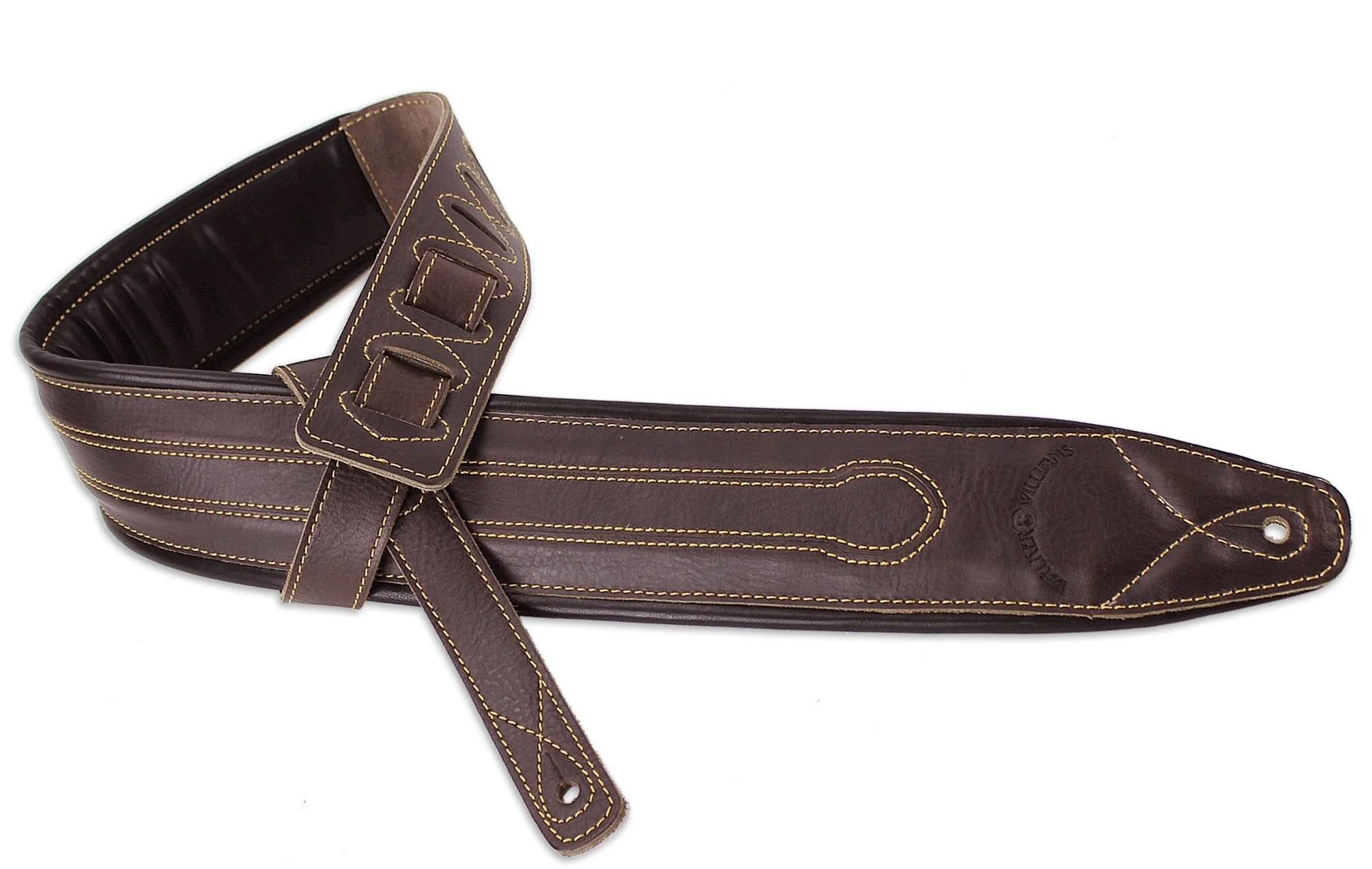 Walker & Williams C-34-BRN Cognac Brown Premium Top Grain Leather Padded Guitar Strap 3 1/4" Wide For Acoustic, Electric, And Bass Guitars
