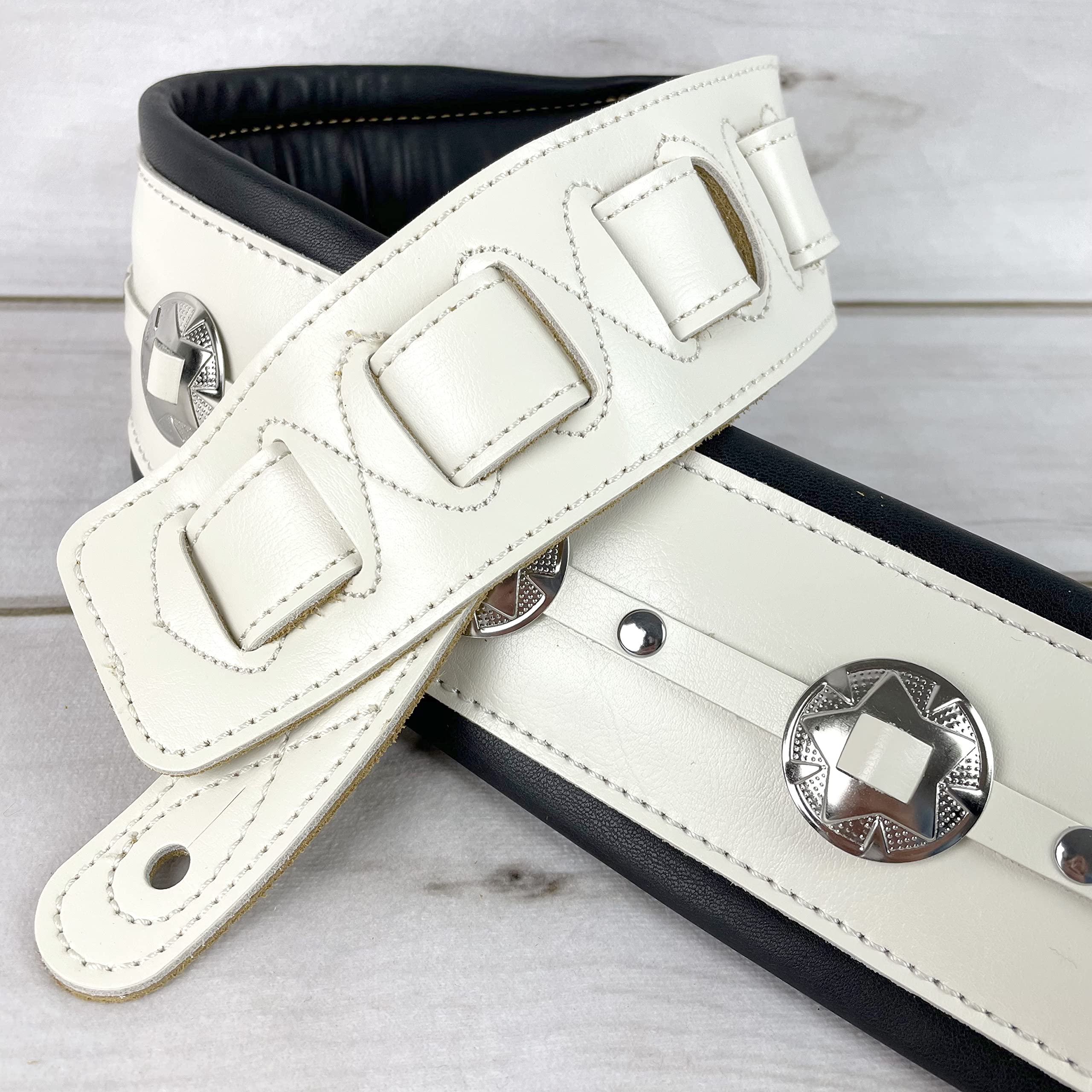 Walker & Williams C-44-WHT Aged White Premium Grain Leather Padded Guitar Strap 3" Wide With Nickel Conchos For Acoustic, Electric, And Bass Guitars - Image 3