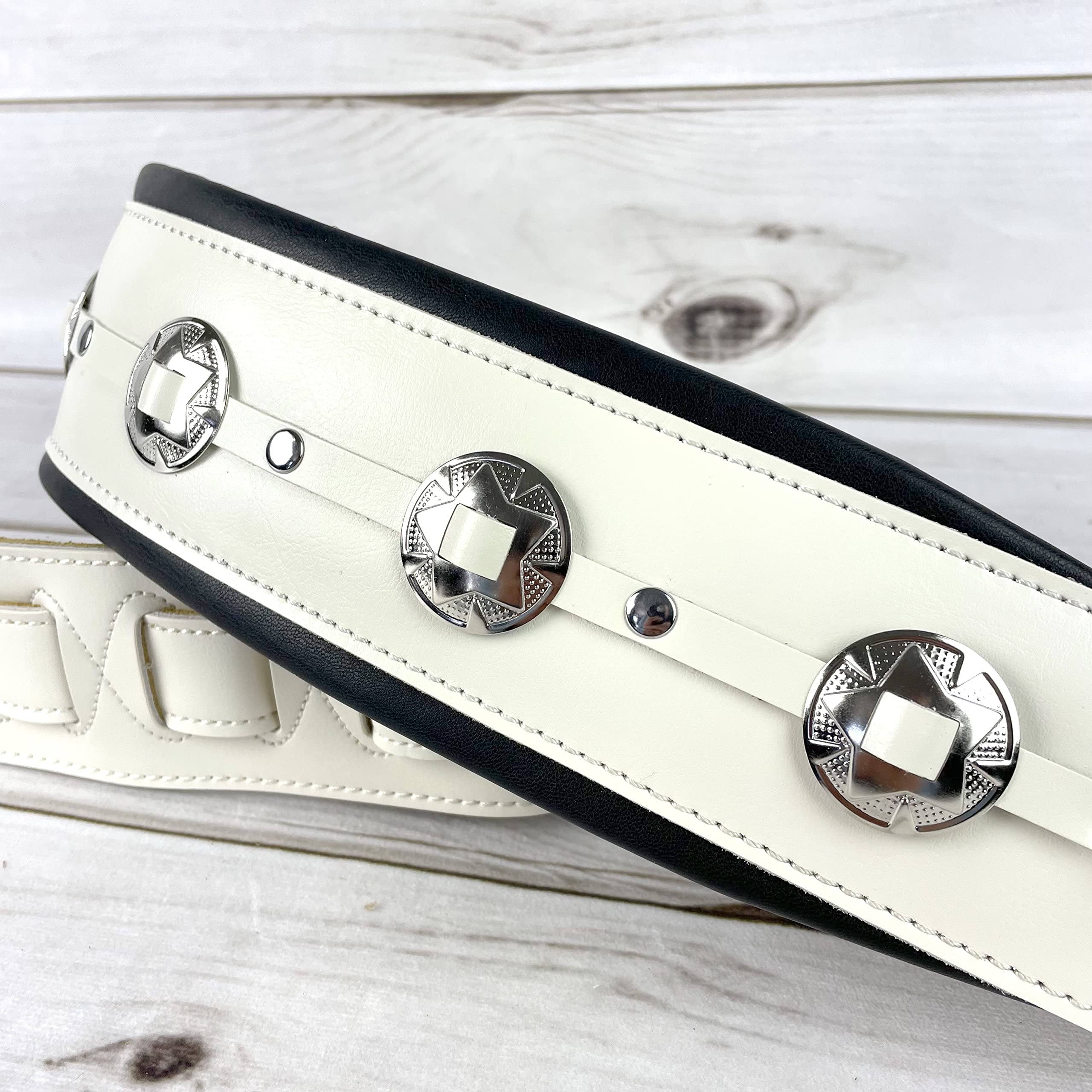 Walker & Williams C-44-WHT Aged White Premium Grain Leather Padded Guitar Strap 3" Wide With Nickel Conchos For Acoustic, Electric, And Bass Guitars - Image 4