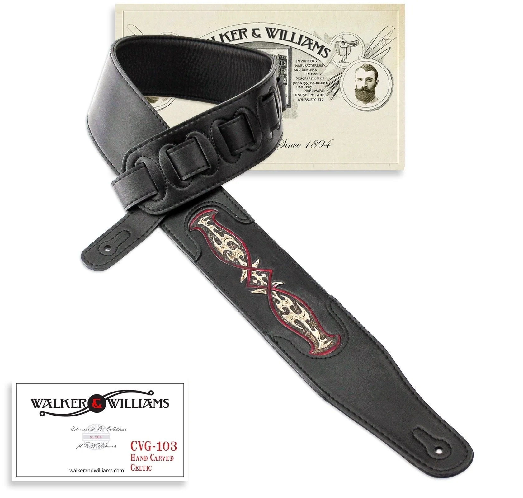 Walker & Williams CVG-103 Black Padded Guitar Strap Hand Tooled Celtic Design