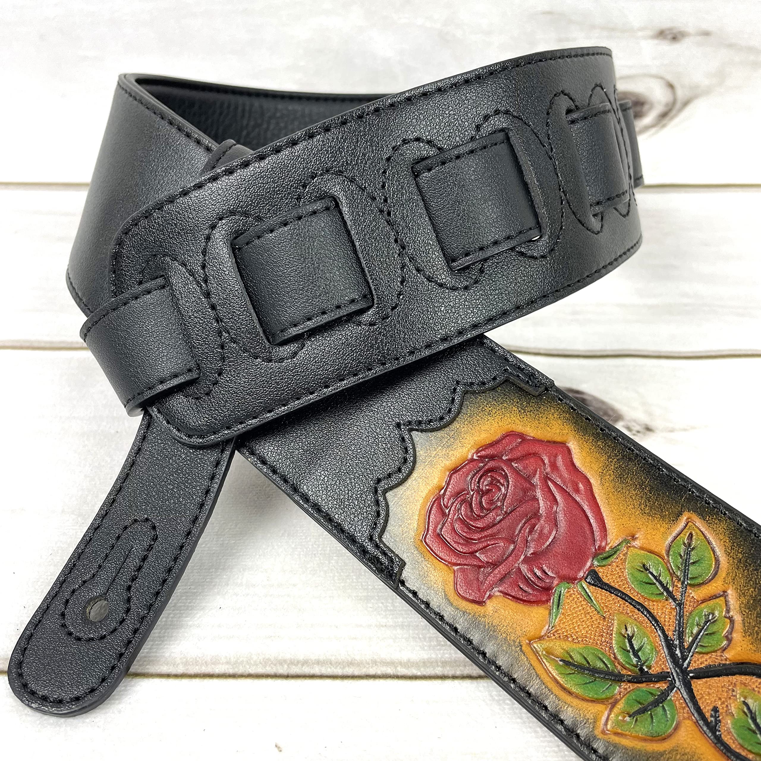 Walker & Williams CVG-56 Black Leather Strap With 100% Hand Tooled Red Rose Design - Image 4