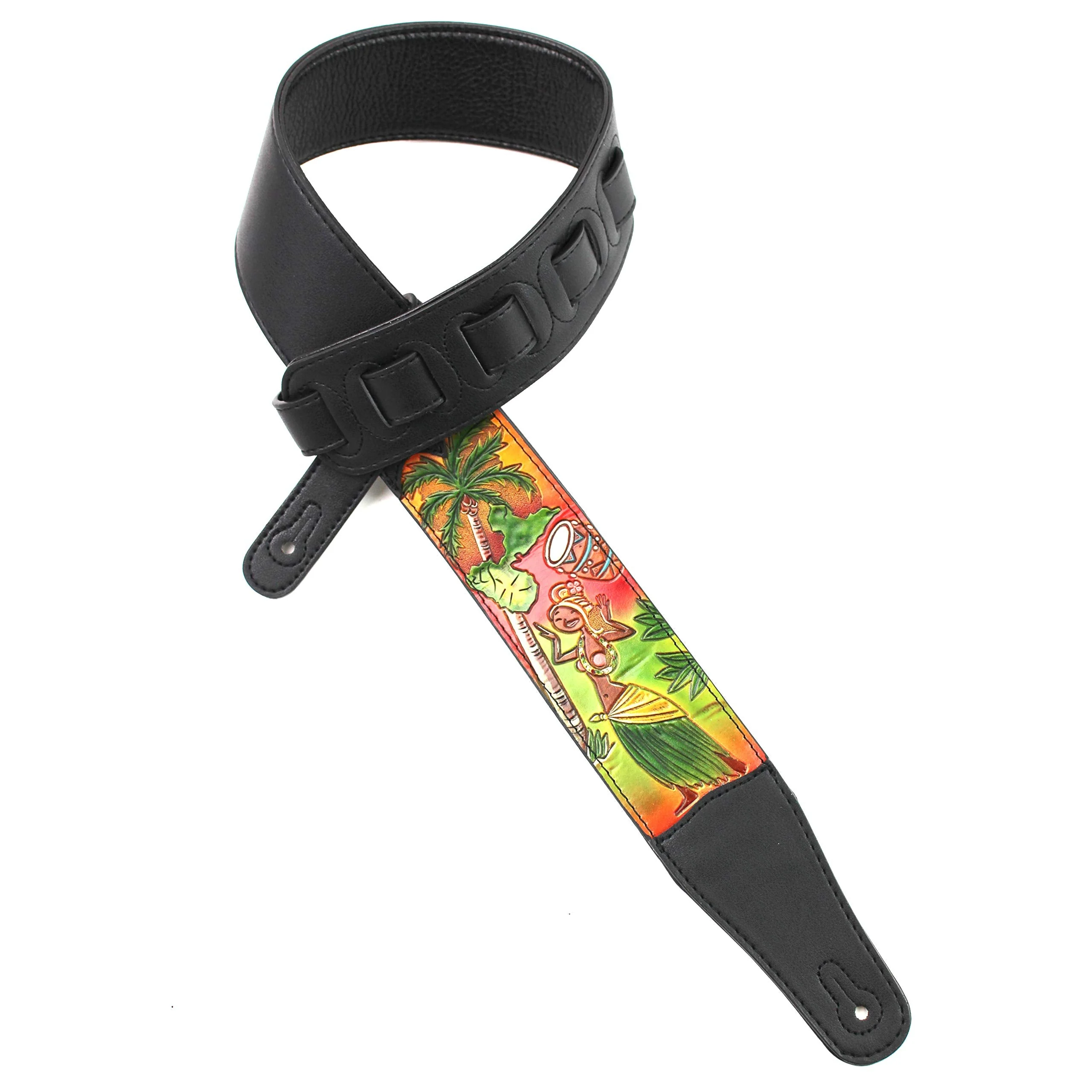 Walker & Williams CVG-HWI Hand Carved Black Leather Guitar Strap With Bright Sunset Island Dancer Scene For Acoustic, Electric, And Bass Guitars