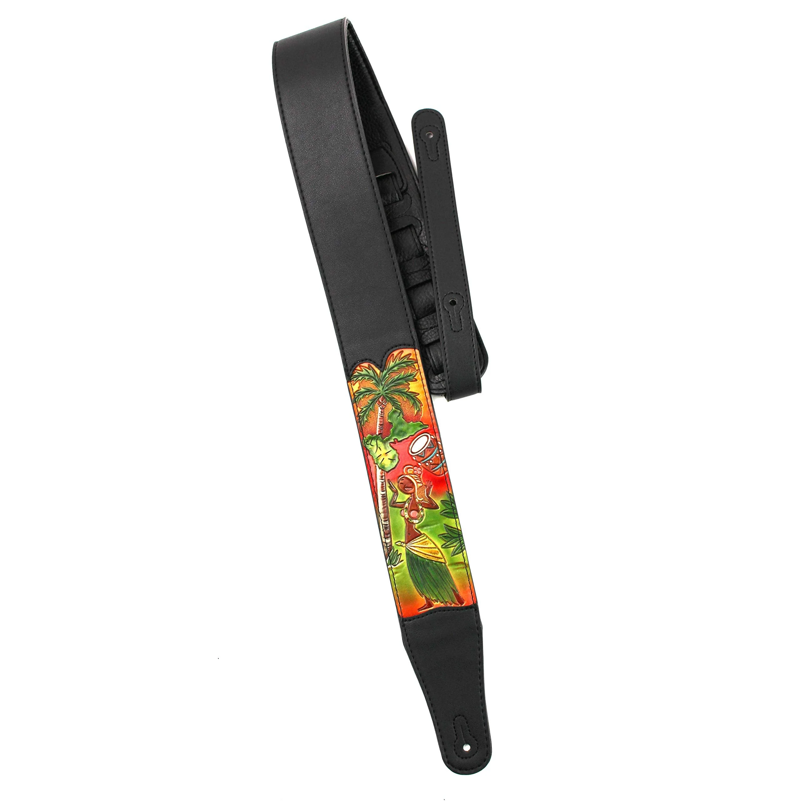 Walker & Williams CVG-HWI Hand Carved Black Leather Guitar Strap With Bright Sunset Island Dancer Scene For Acoustic, Electric, And Bass Guitars - Image 4