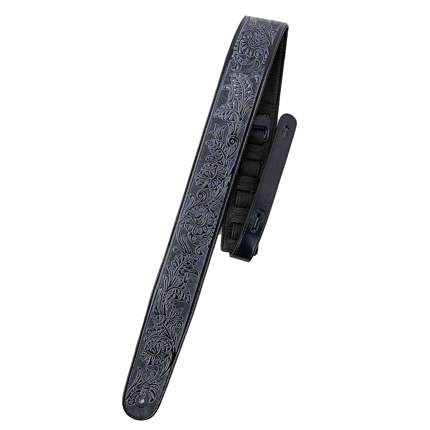 Walker & Williams DLX-282 Handmade Brushed Black Padded Guitar Strap with Embossed Tooling For Acoustic, Electric, And Bass Guitars - Image 2