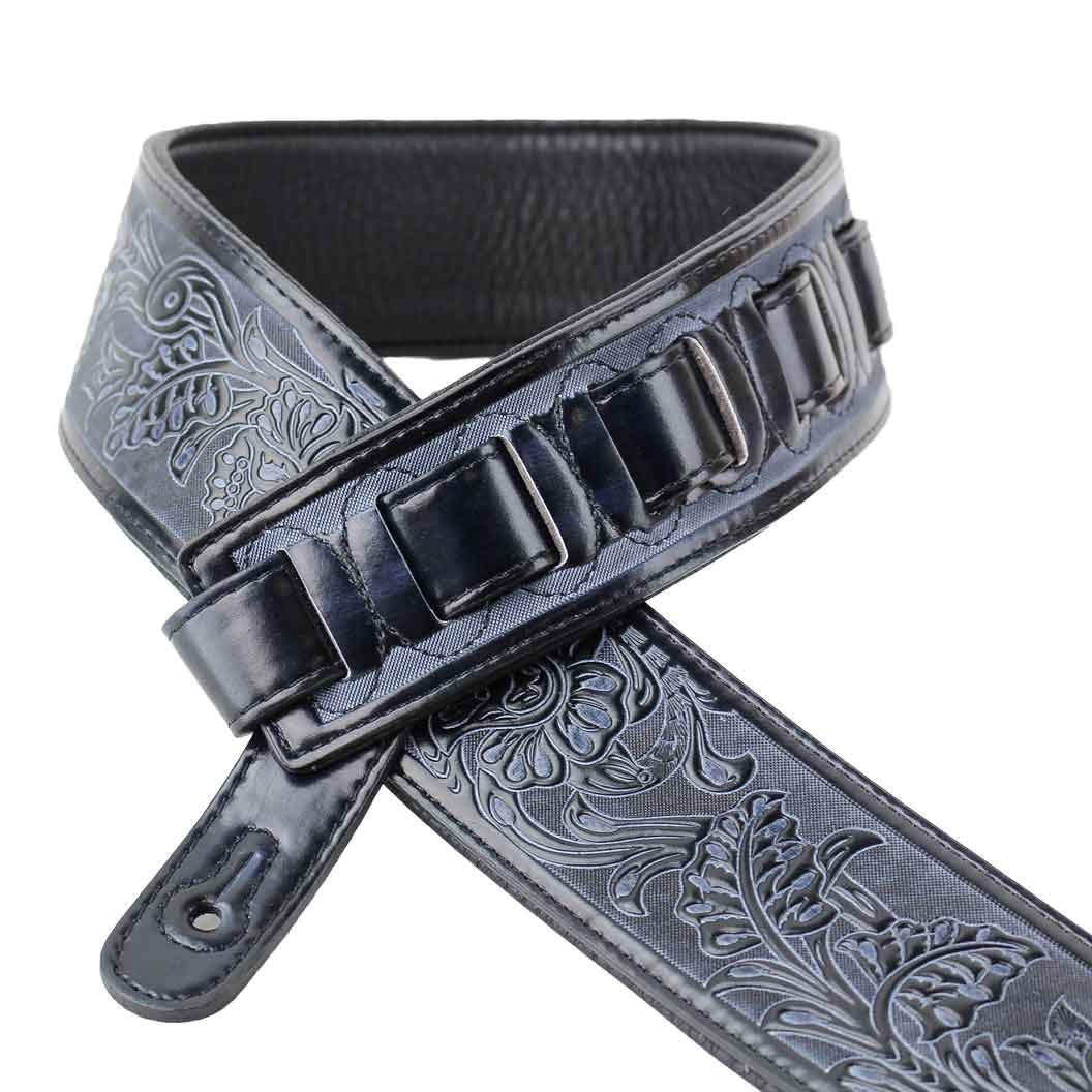 Walker & Williams DLX-282 Handmade Brushed Black Padded Guitar Strap with Embossed Tooling For Acoustic, Electric, And Bass Guitars - Image 3