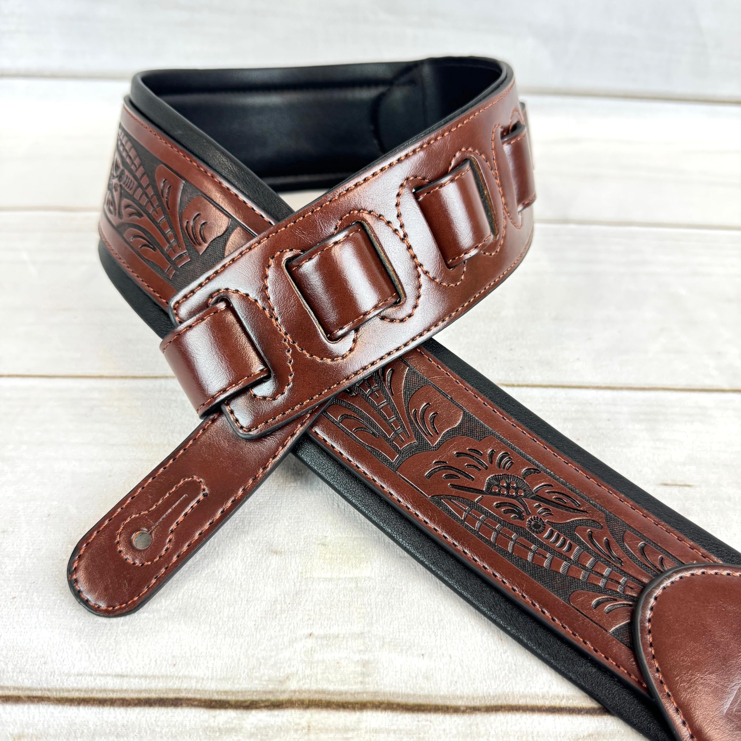 Walker & Williams G-110 Mahogany Brown Padded Guitar Strap with Embossed Live Oak Tooling For Acoustic, Electric, And Bass Guitars - Image 3