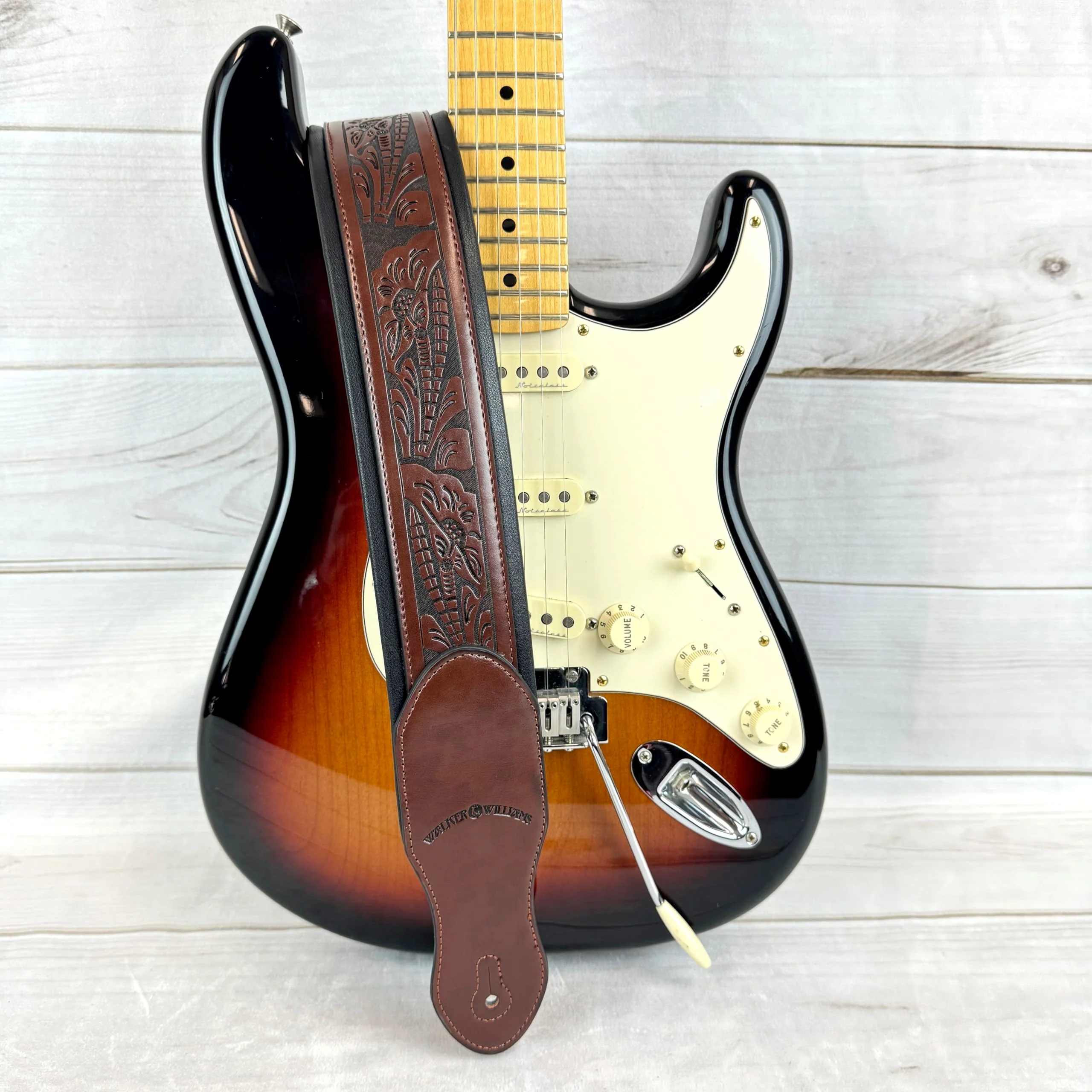 Walker & Williams G-110 Mahogany Brown Padded Guitar Strap with Embossed Live Oak Tooling For Acoustic, Electric, And Bass Guitars - Image 7