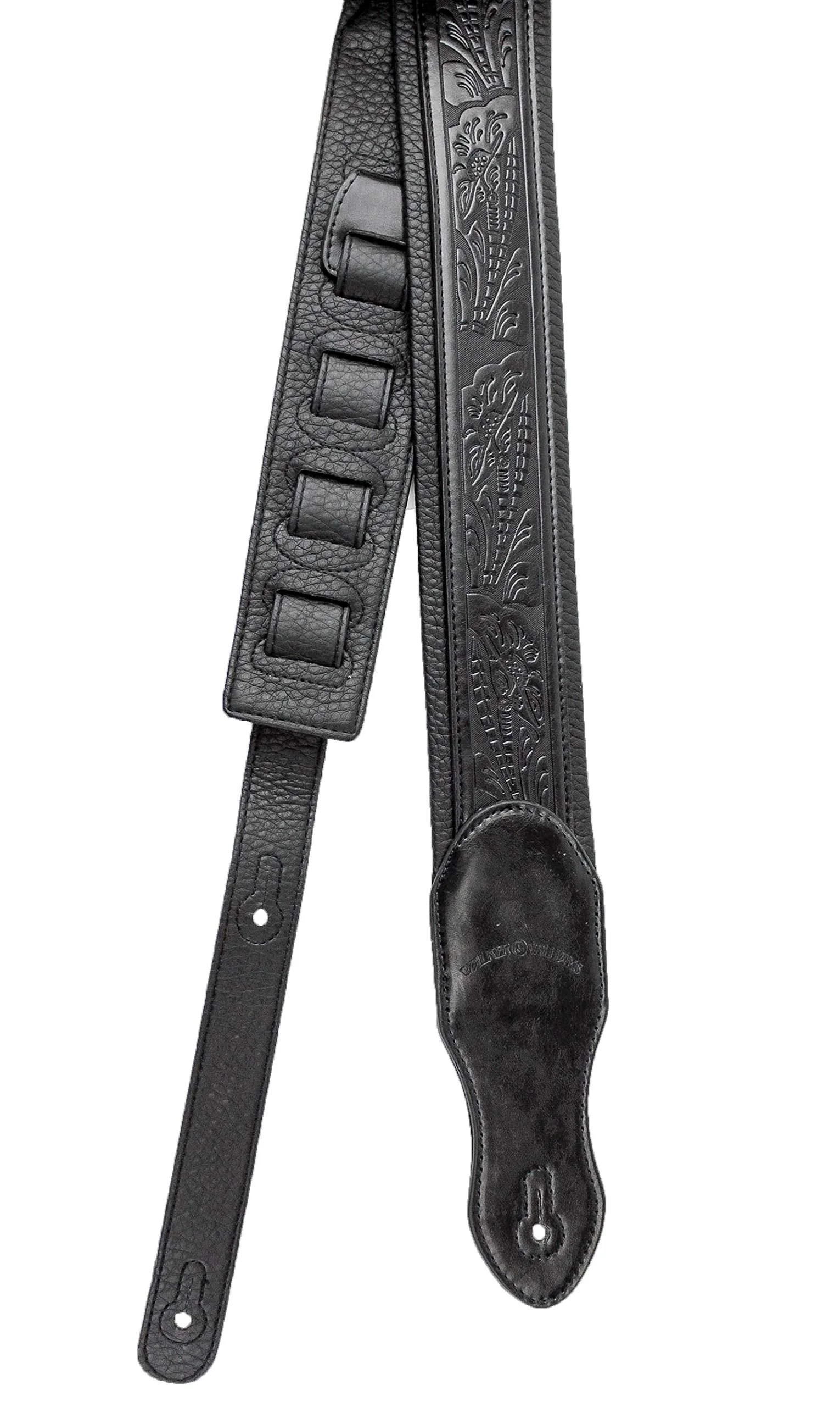 Walker & Williams G-118 Black on Black Padded Guitar Strap with Embossed Tooling & Padded Glove Leather Back For Acoustic, Electric, And Bass Guitars - Image 2