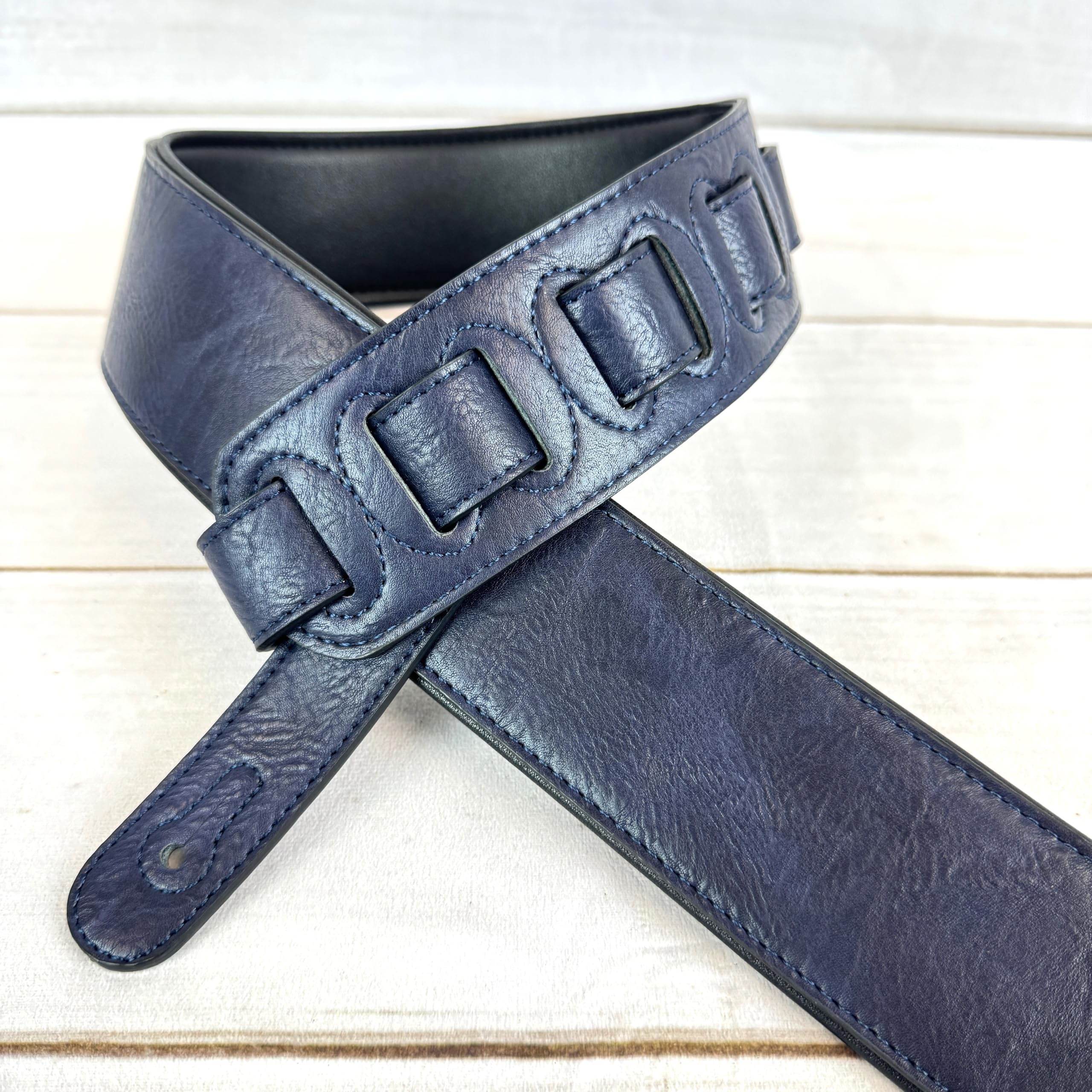 Walker & Williams G-52 Navy Blue Handmade Soft Natural Finish Guitar Strap with Padded Glove Leather Back, And Squared Nose For Acoustic, Electric, And Bass Guitars - Image 3