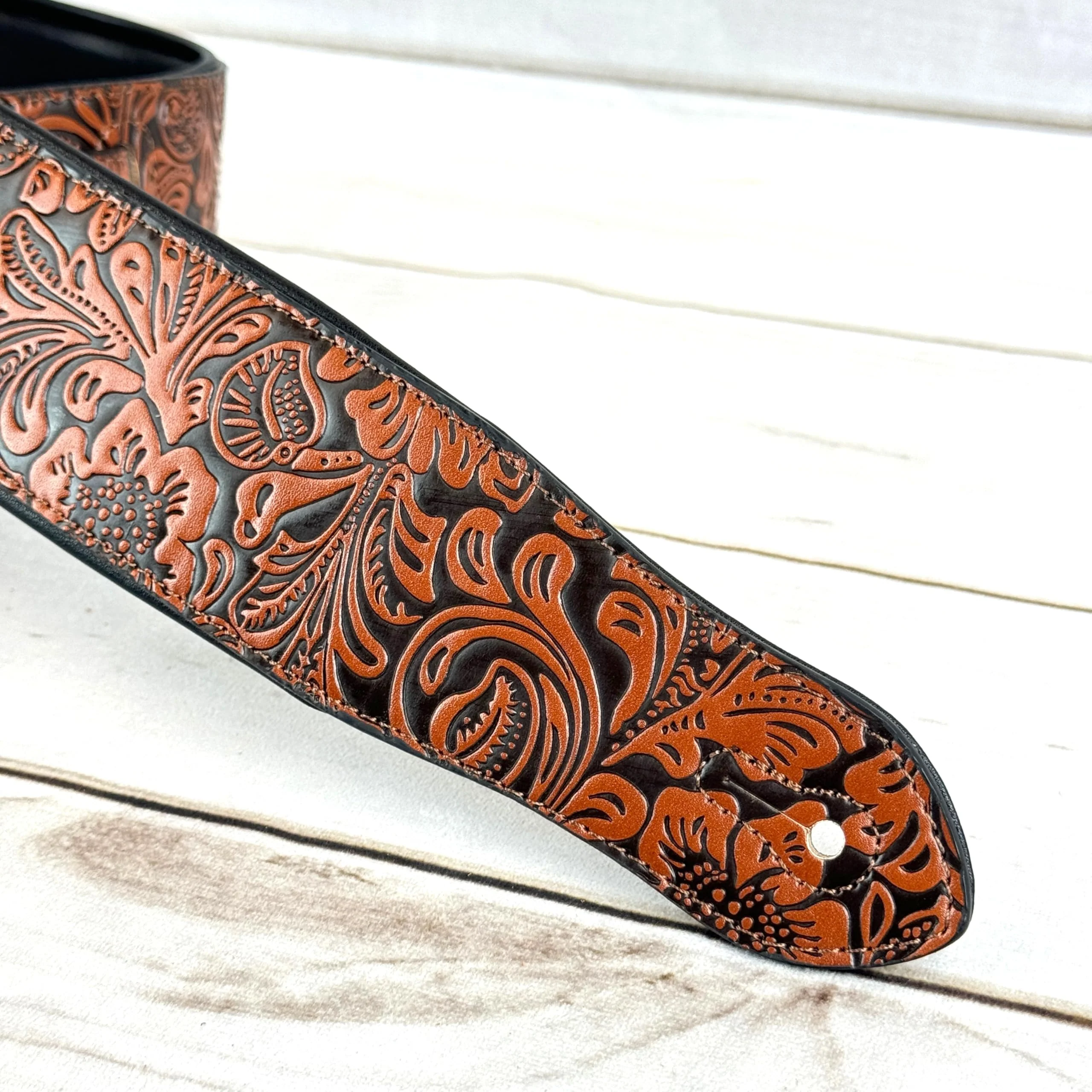 Walker & Williams G-973 Handmade Brown And Latigo Tan Western Embossed Guitar Strap with Soft Padded Back For Acoustic, Electric, And Bass Guitars - Image 8