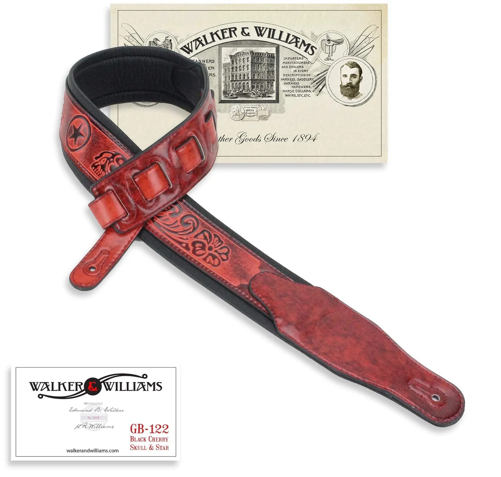 Walker & Williams GB-122 Black Cherry Padded Guitar Strap with Texas Star and Skull Design For Acoustic, Electric, And Bass Guitars