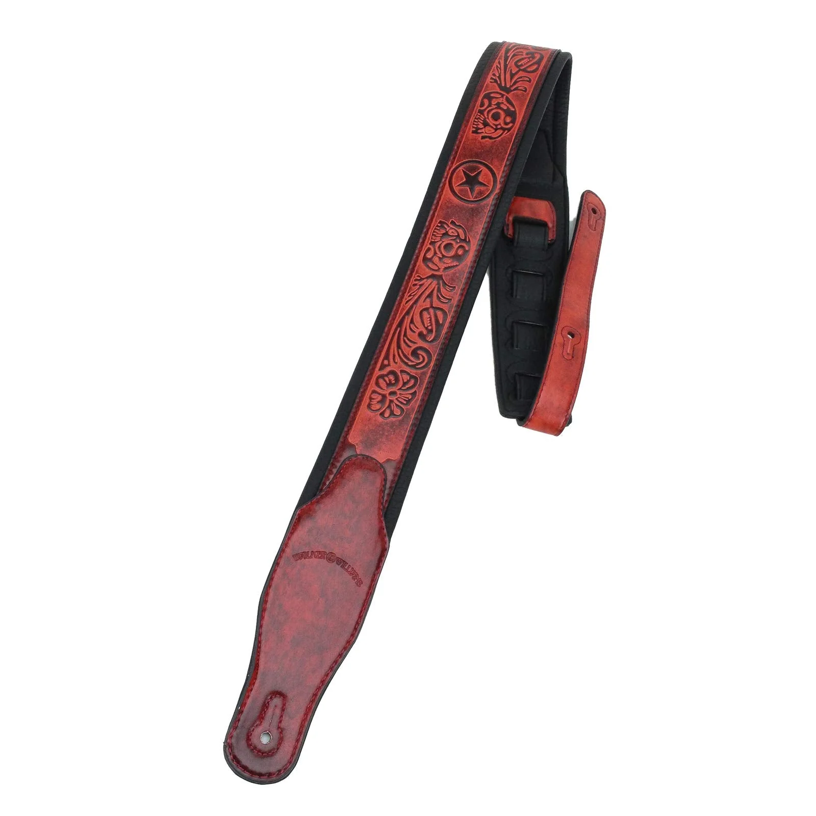 Walker & Williams GB-122 Black Cherry Padded Guitar Strap with Texas Star and Skull Design For Acoustic, Electric, And Bass Guitars - Image 2