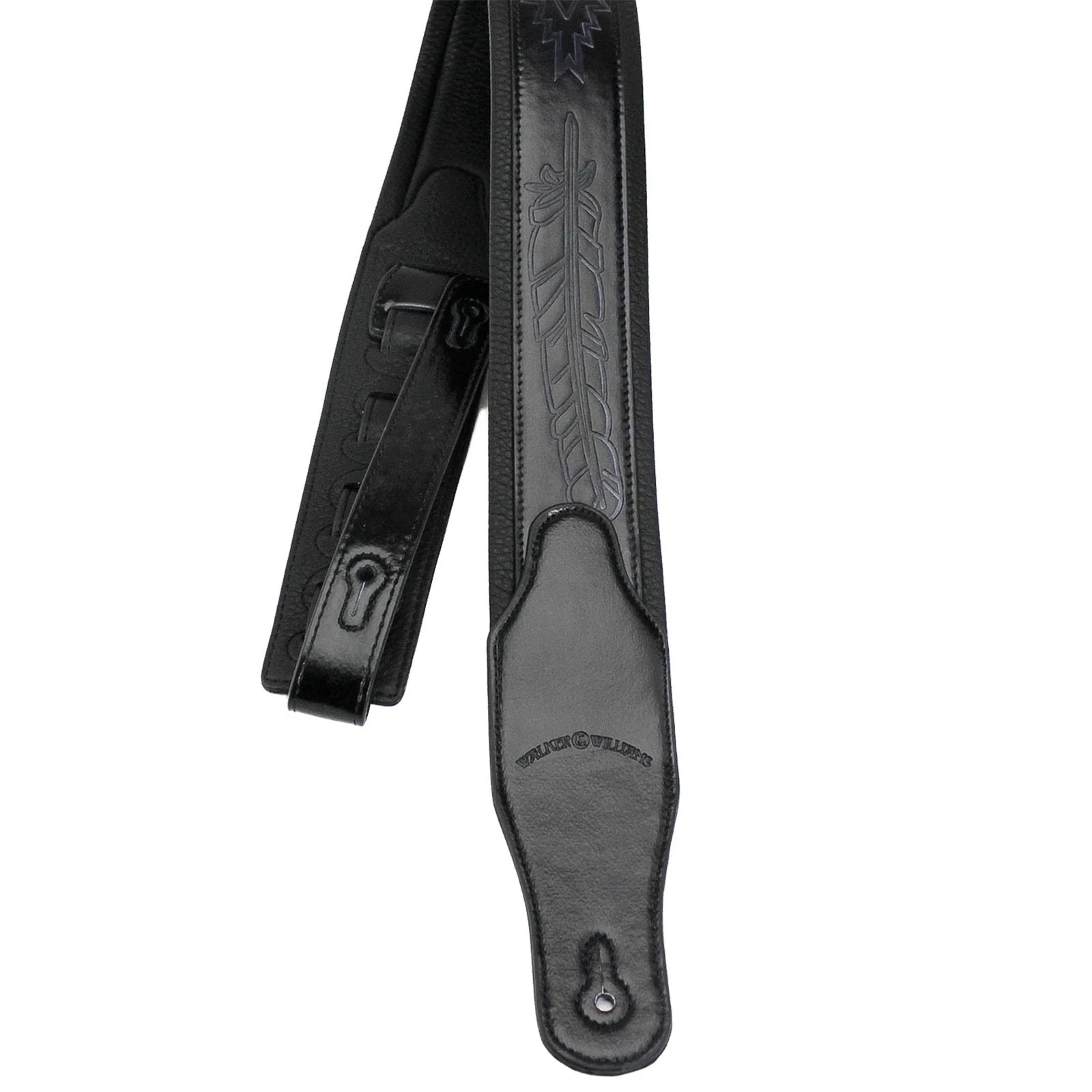 Walker & Williams GB-136 Handmade Brushed Black Padded Guitar Strap With Native American Feather Design For Acoustic, Electric, And Bass Guitars - Image 2