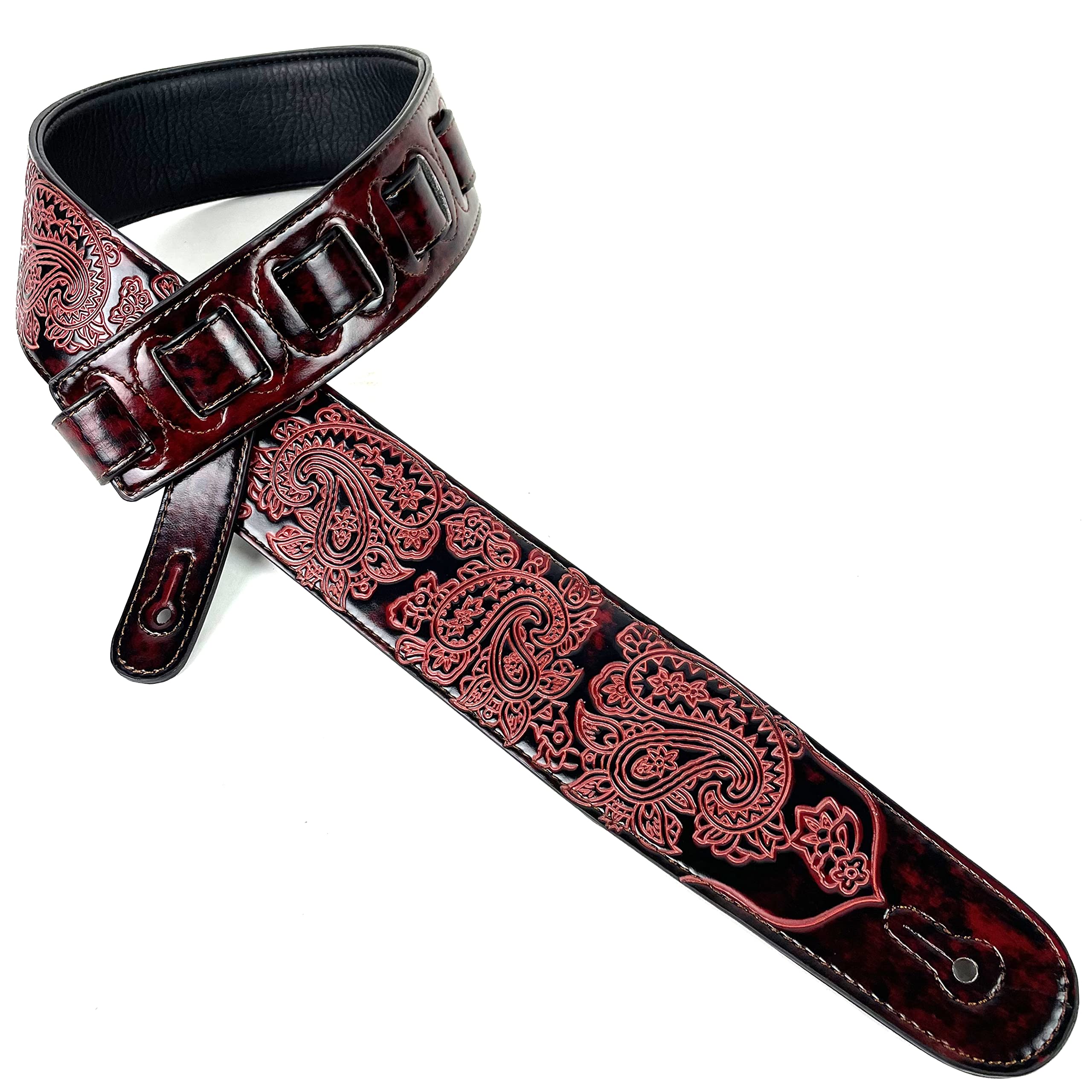 Walker & Williams GB-30 Handmade Fire Wine Red Padded Leather Guitar Strap with Vintage Paisley Pattern For Acoustic, Electric, And Bass Guitars