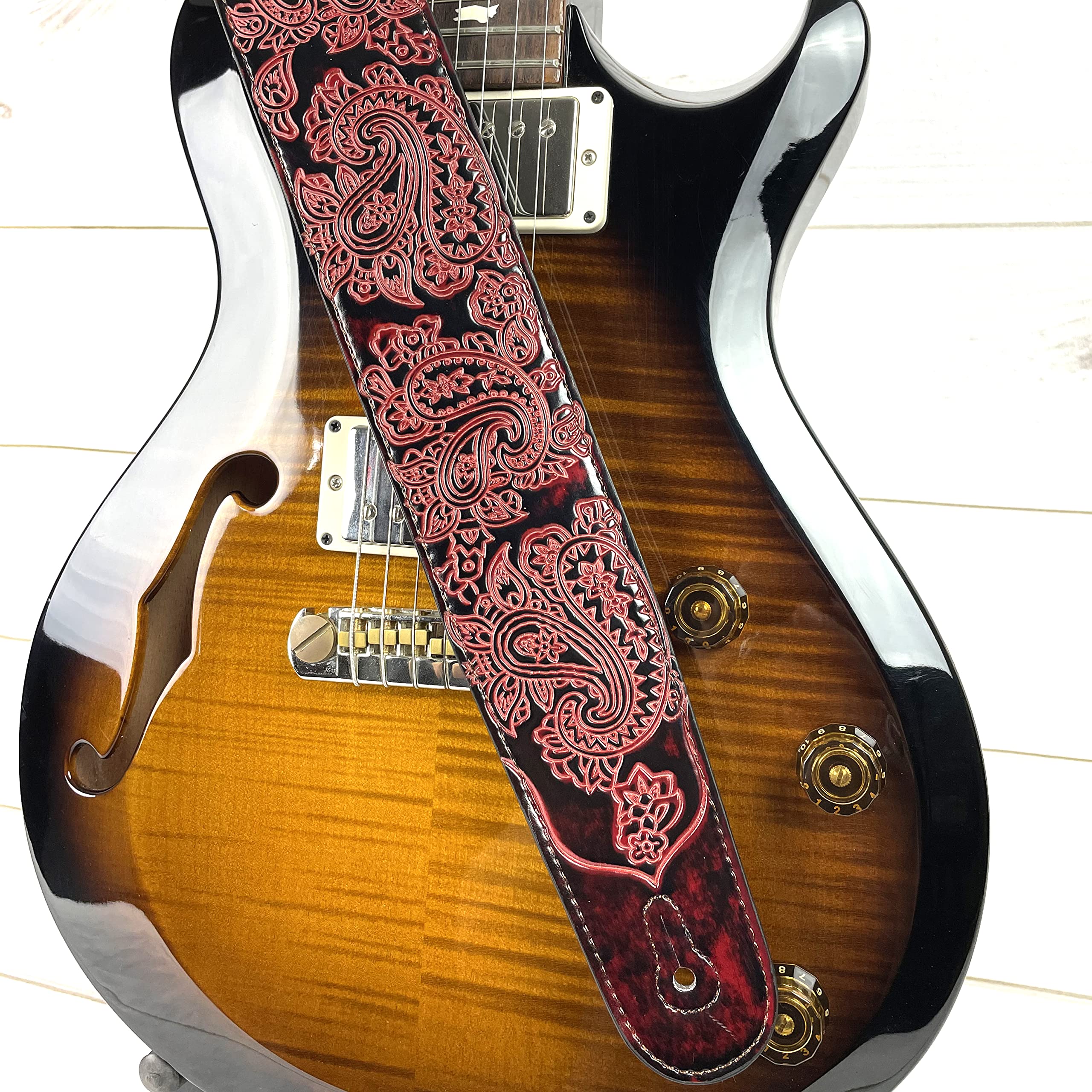 Walker & Williams GB-30 Handmade Fire Wine Red Padded Leather Guitar Strap with Vintage Paisley Pattern For Acoustic, Electric, And Bass Guitars - Image 2