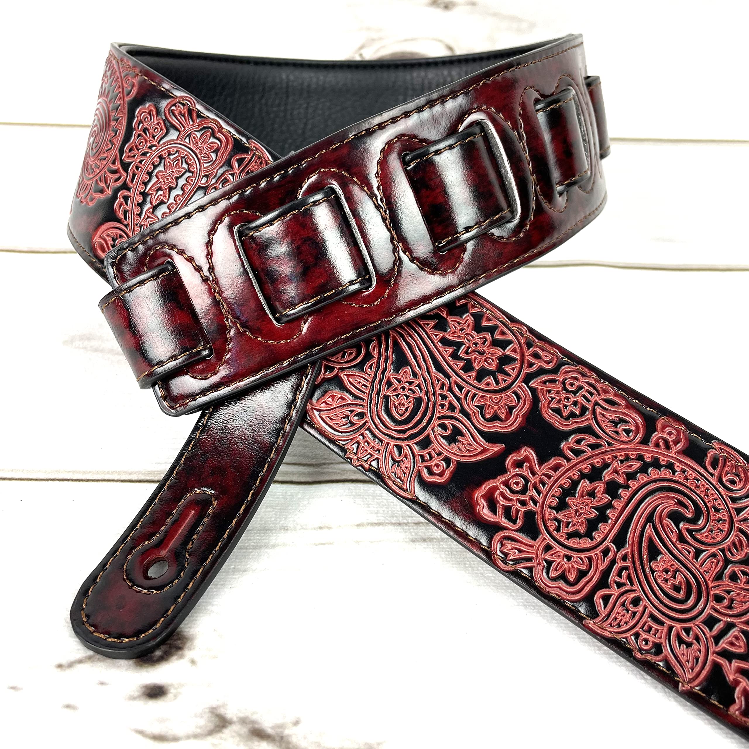Walker & Williams GB-30 Handmade Fire Wine Red Padded Leather Guitar Strap with Vintage Paisley Pattern For Acoustic, Electric, And Bass Guitars - Image 3