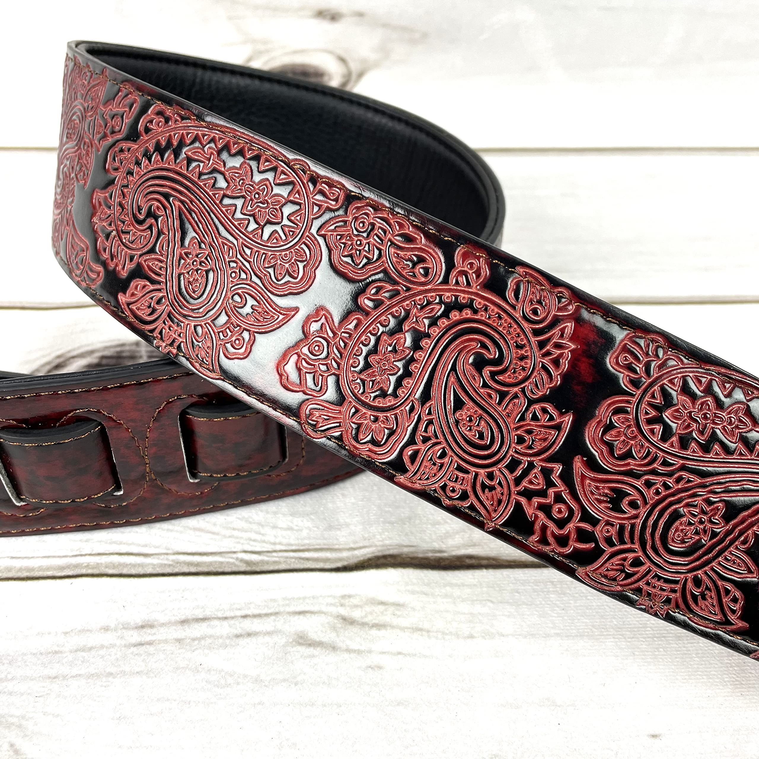 Walker & Williams GB-30 Handmade Fire Wine Red Padded Leather Guitar Strap with Vintage Paisley Pattern For Acoustic, Electric, And Bass Guitars - Image 4