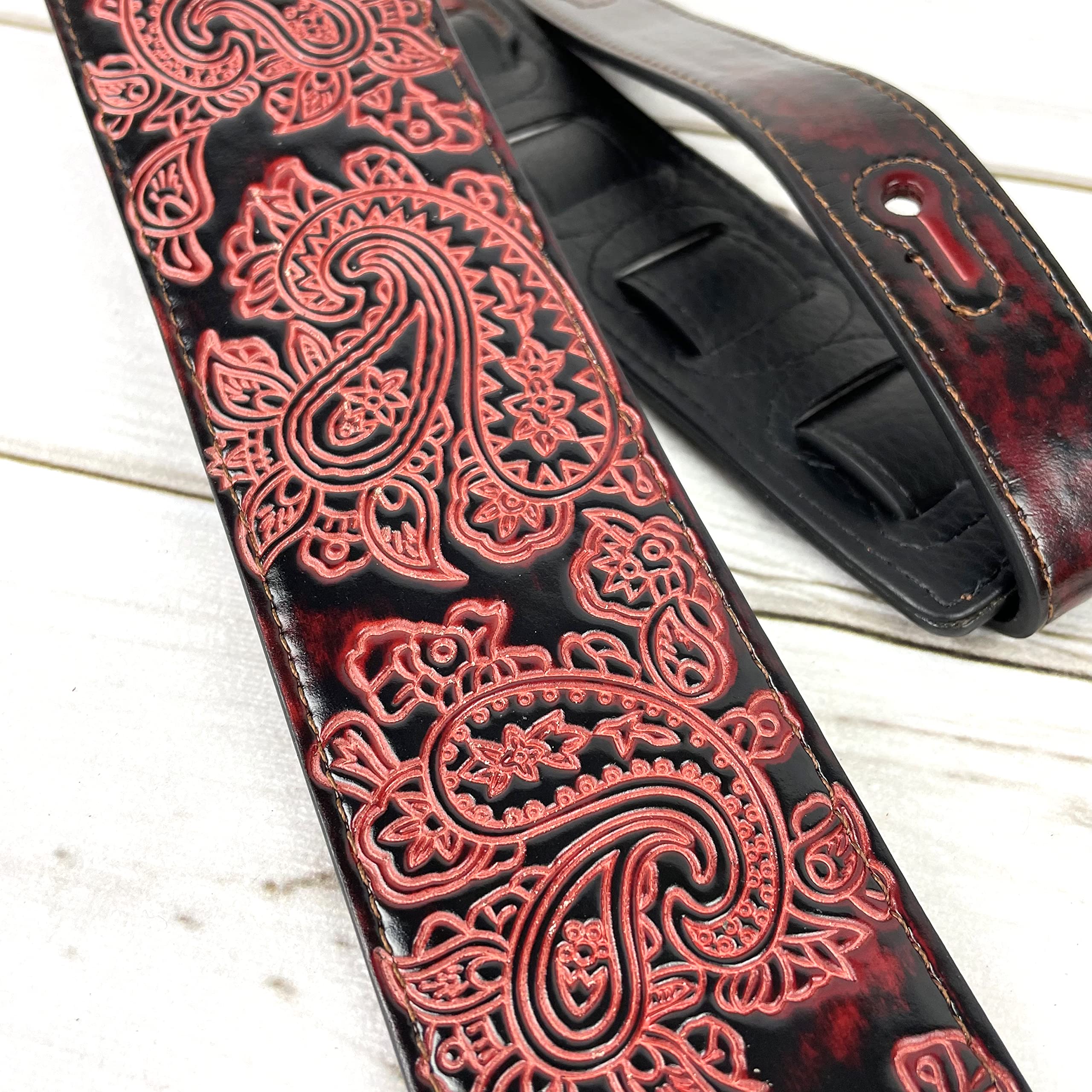 Walker & Williams GB-30 Handmade Fire Wine Red Padded Leather Guitar Strap with Vintage Paisley Pattern For Acoustic, Electric, And Bass Guitars - Image 5