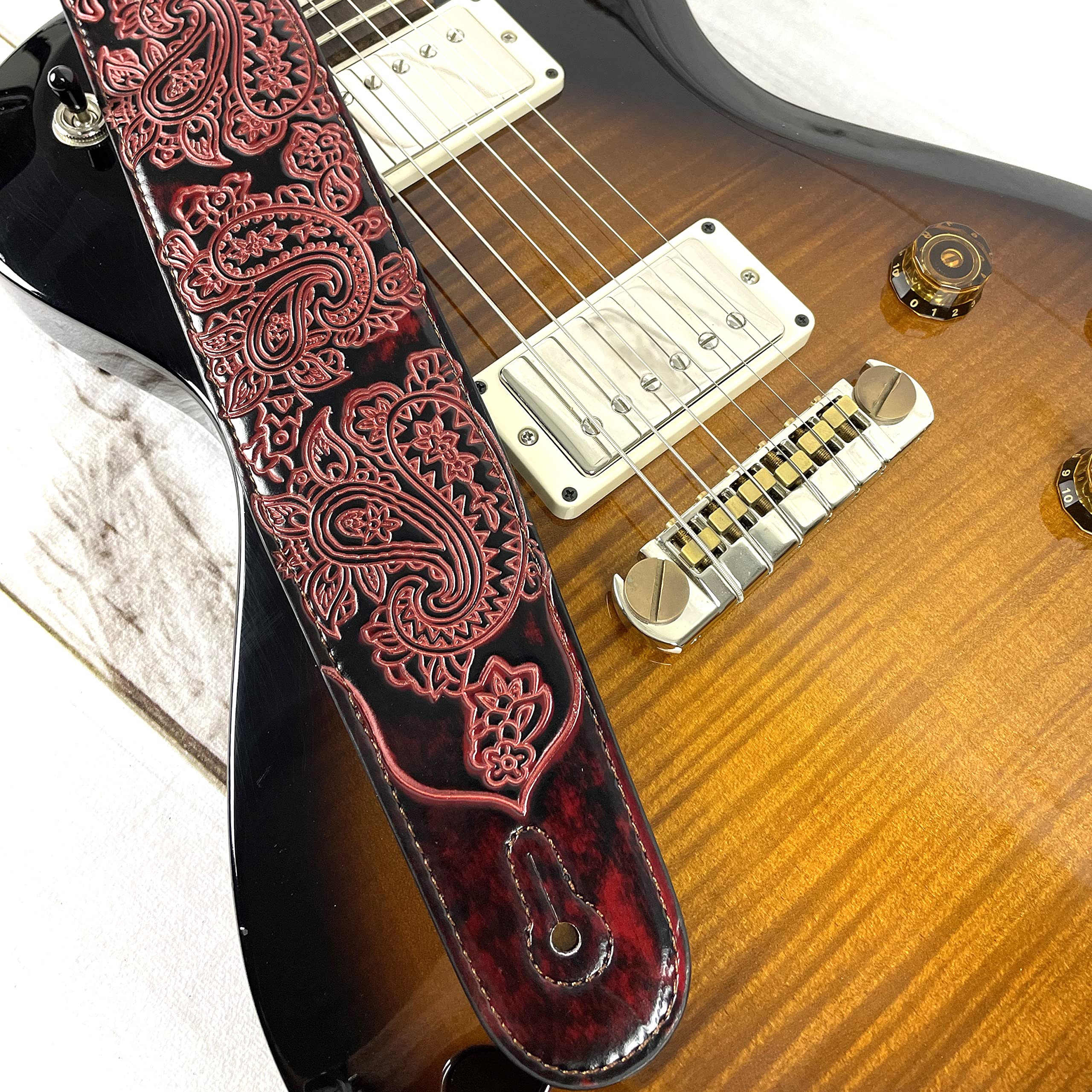 Walker & Williams GB-30 Handmade Fire Wine Red Padded Leather Guitar Strap with Vintage Paisley Pattern For Acoustic, Electric, And Bass Guitars - Image 6