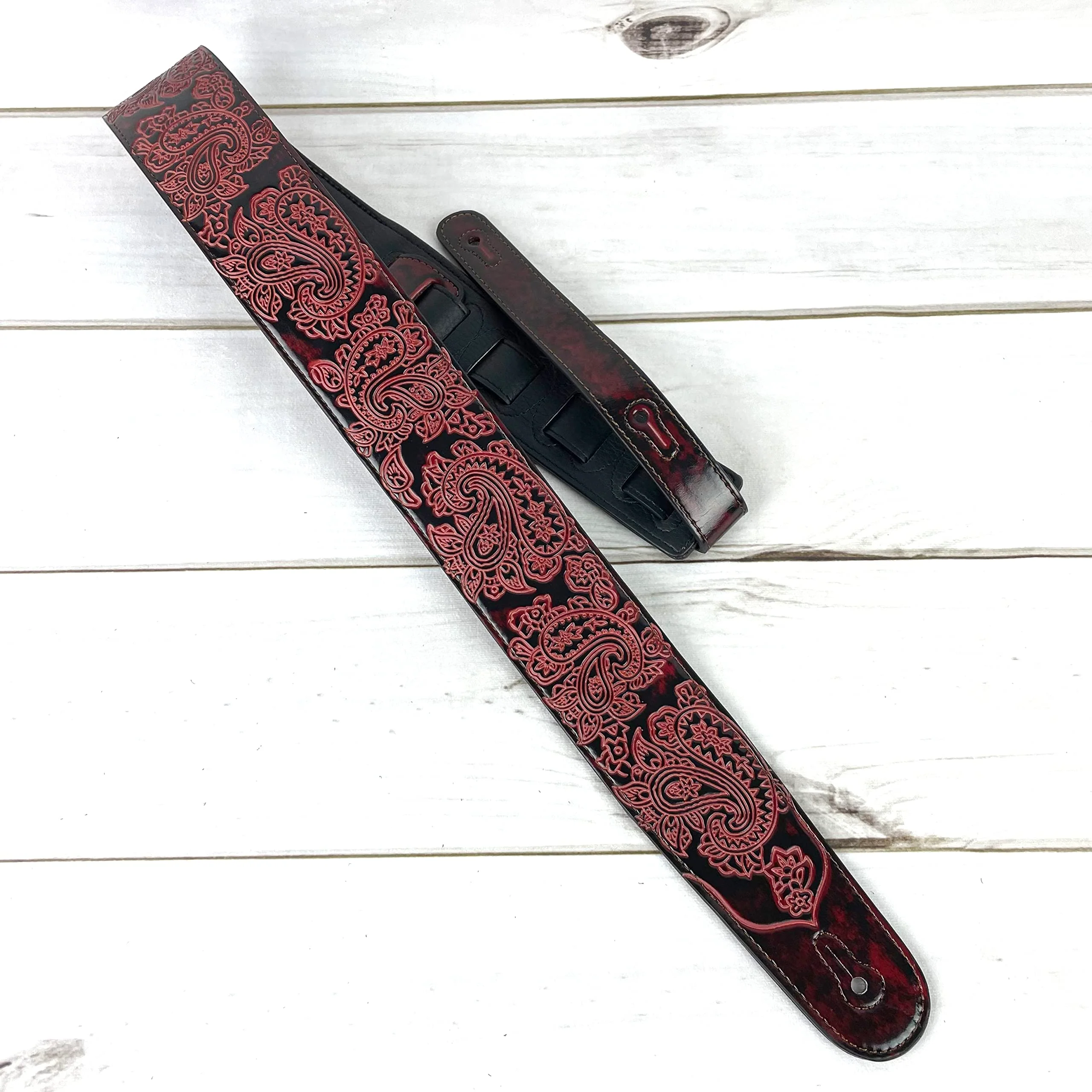 Walker & Williams GB-30 Handmade Fire Wine Red Padded Leather Guitar Strap with Vintage Paisley Pattern For Acoustic, Electric, And Bass Guitars - Image 7