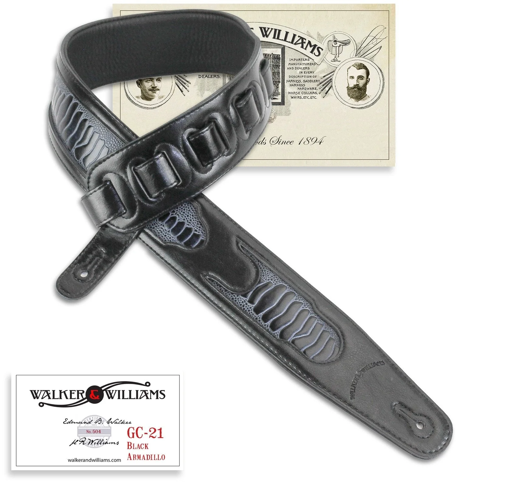 Walker & Williams GC-21 Gloss Black Leather Handmade Guitar Strap with Armadillo Inserts And Padded Back For Acoustic, Electric, And Bass Guitars