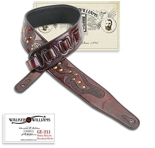 Walker & Williams GE-211 Antique Mahogany Brown Strap with Viking Tooling & Nailhead Studs