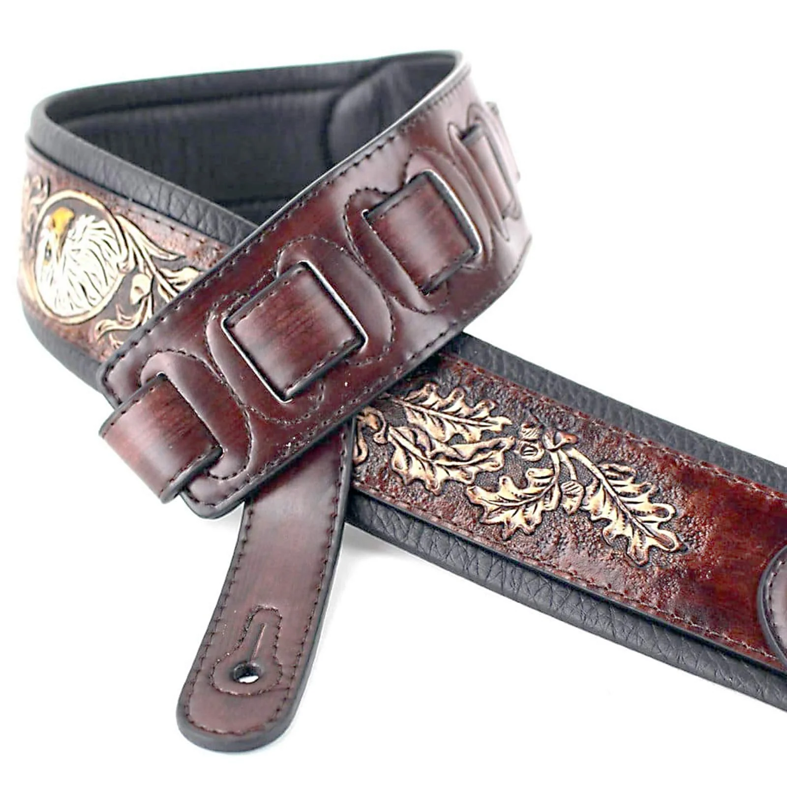 Walker & Williams KB-03-BRN Walnut Brown Full Grain Center Block Carving Leather Padded Guitar Strap With American Eagle & Oak Leaves For Acoustic, Electric, And Bass Guitars - Image 4
