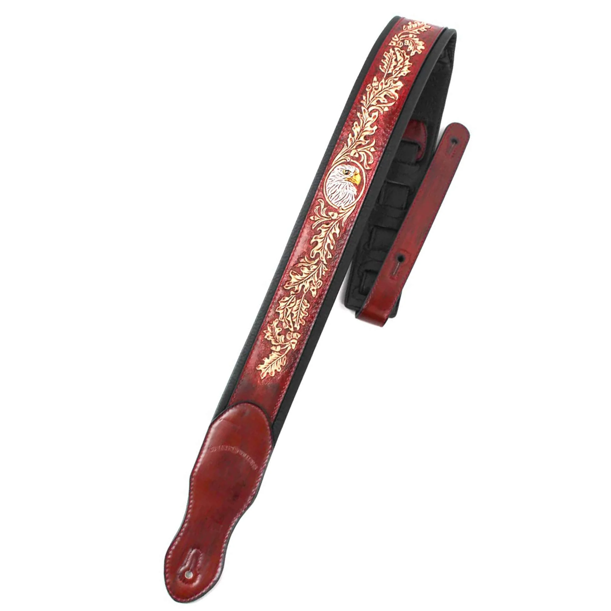 Walker & Williams KB-03-RB Mahogany Brown Full Grain Center Block Carved Leather Padded Guitar Strap With American Eagle & Oak Leaves For Acoustic, Electric, And Bass Guitars - Image 2