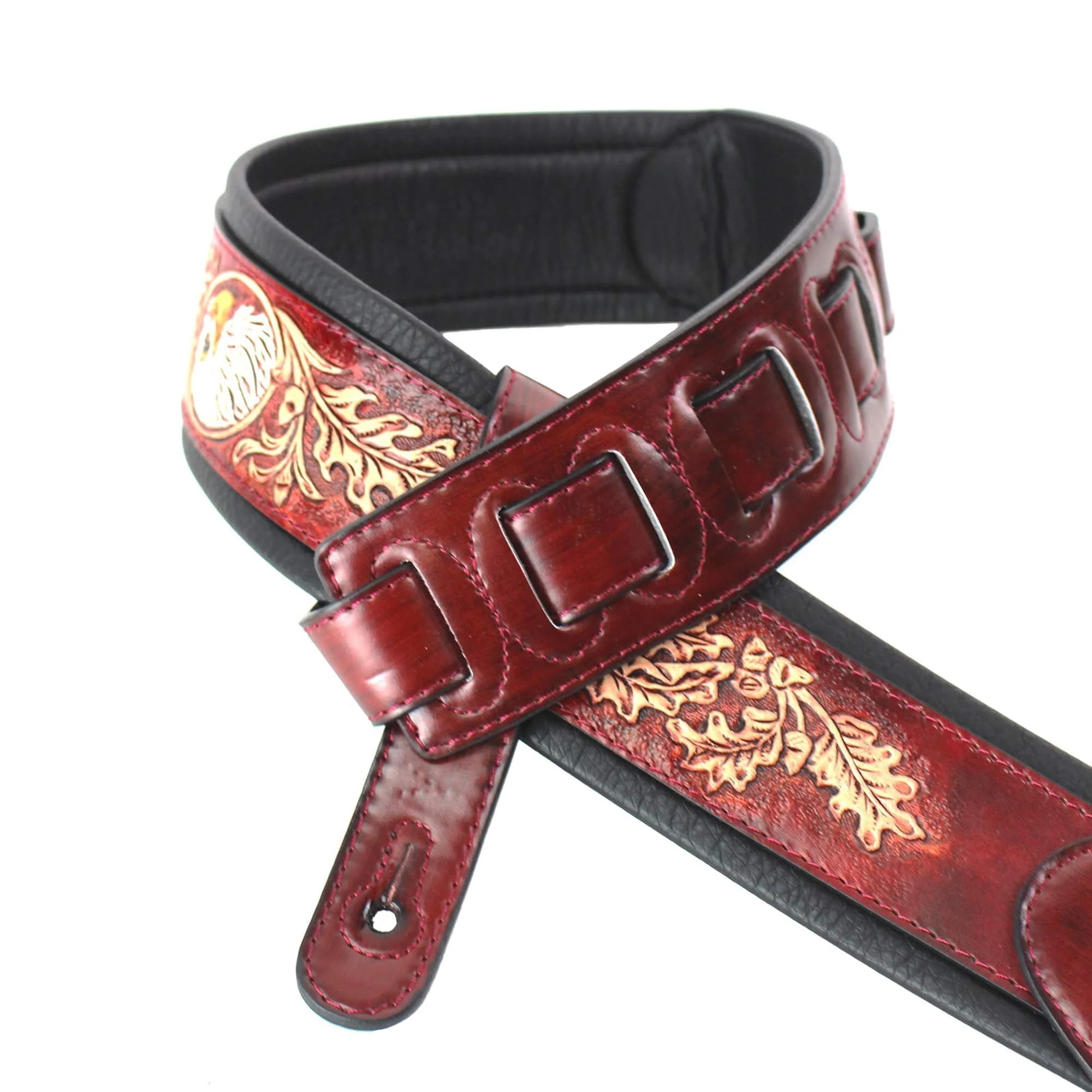 Walker & Williams KB-03-RB Mahogany Brown Full Grain Center Block Carved Leather Padded Guitar Strap With American Eagle & Oak Leaves For Acoustic, Electric, And Bass Guitars - Image 3