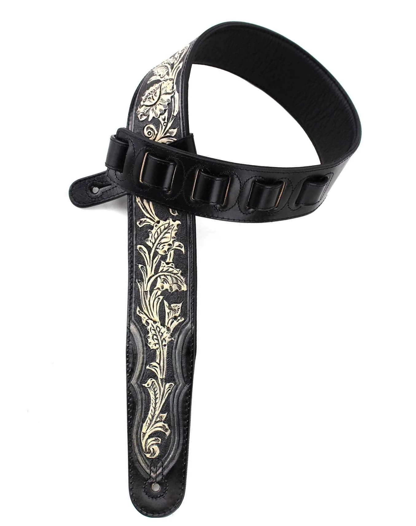 Walker & Williams KH-02-BLK Onyx Black Hand Carved Leather Padded Guitar Strap With Traditional Western Tooling For Acoustic, Electric, And Bass Guitars