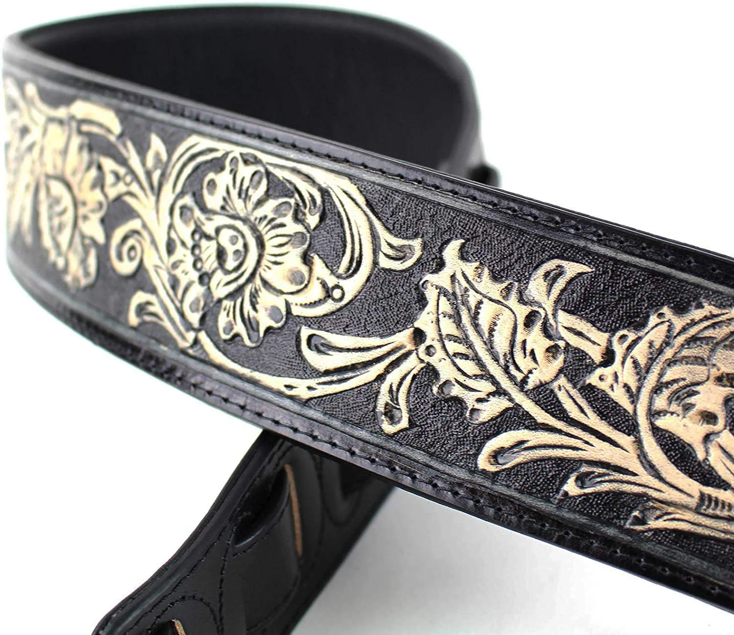 Walker & Williams KH-02-BLK Onyx Black Hand Carved Leather Padded Guitar Strap With Traditional Western Tooling For Acoustic, Electric, And Bass Guitars - Image 3