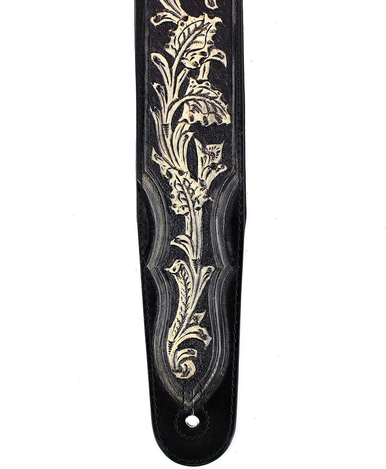 Walker & Williams KH-02-BLK Onyx Black Hand Carved Leather Padded Guitar Strap With Traditional Western Tooling For Acoustic, Electric, And Bass Guitars - Image 4