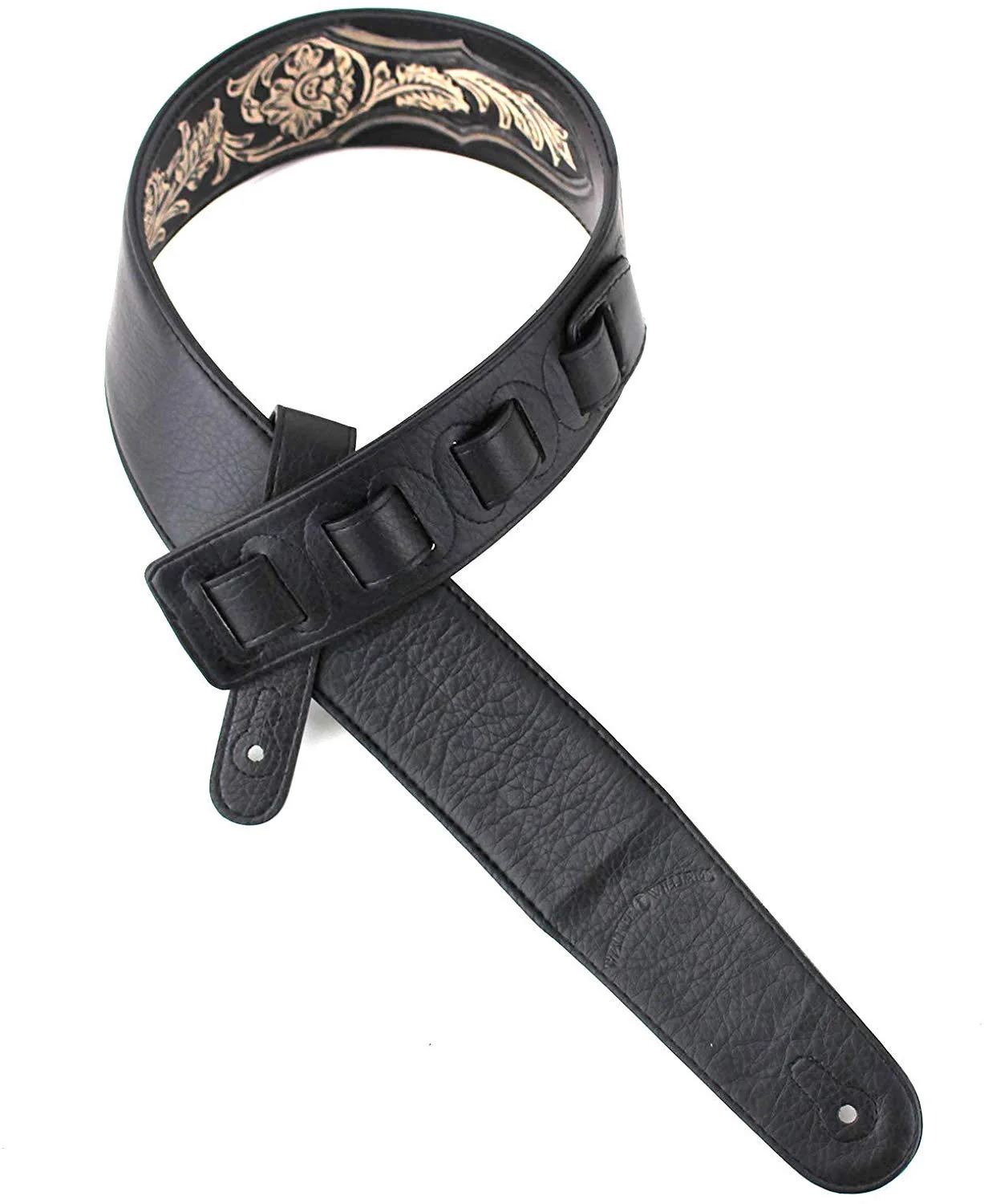 Walker & Williams KH-02-BLK Onyx Black Hand Carved Leather Padded Guitar Strap With Traditional Western Tooling For Acoustic, Electric, And Bass Guitars - Image 5