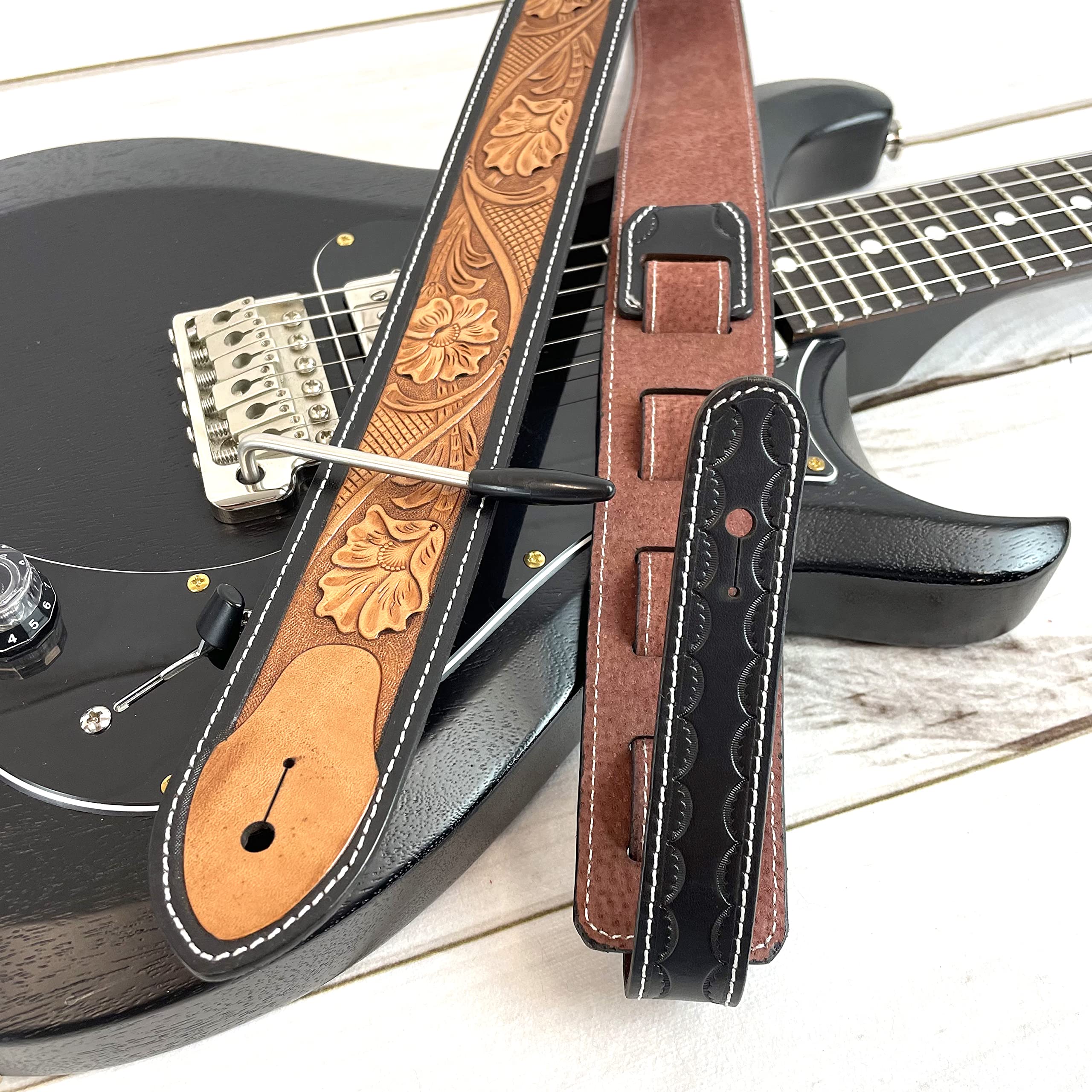 Walker & Williams LC-11 Handmade Super Premium Leather Guitar Strap with Hand Carved Live Oak Pattern And Peccary Backing For Acoustic, Electric, And Bass Guitars - Image 2
