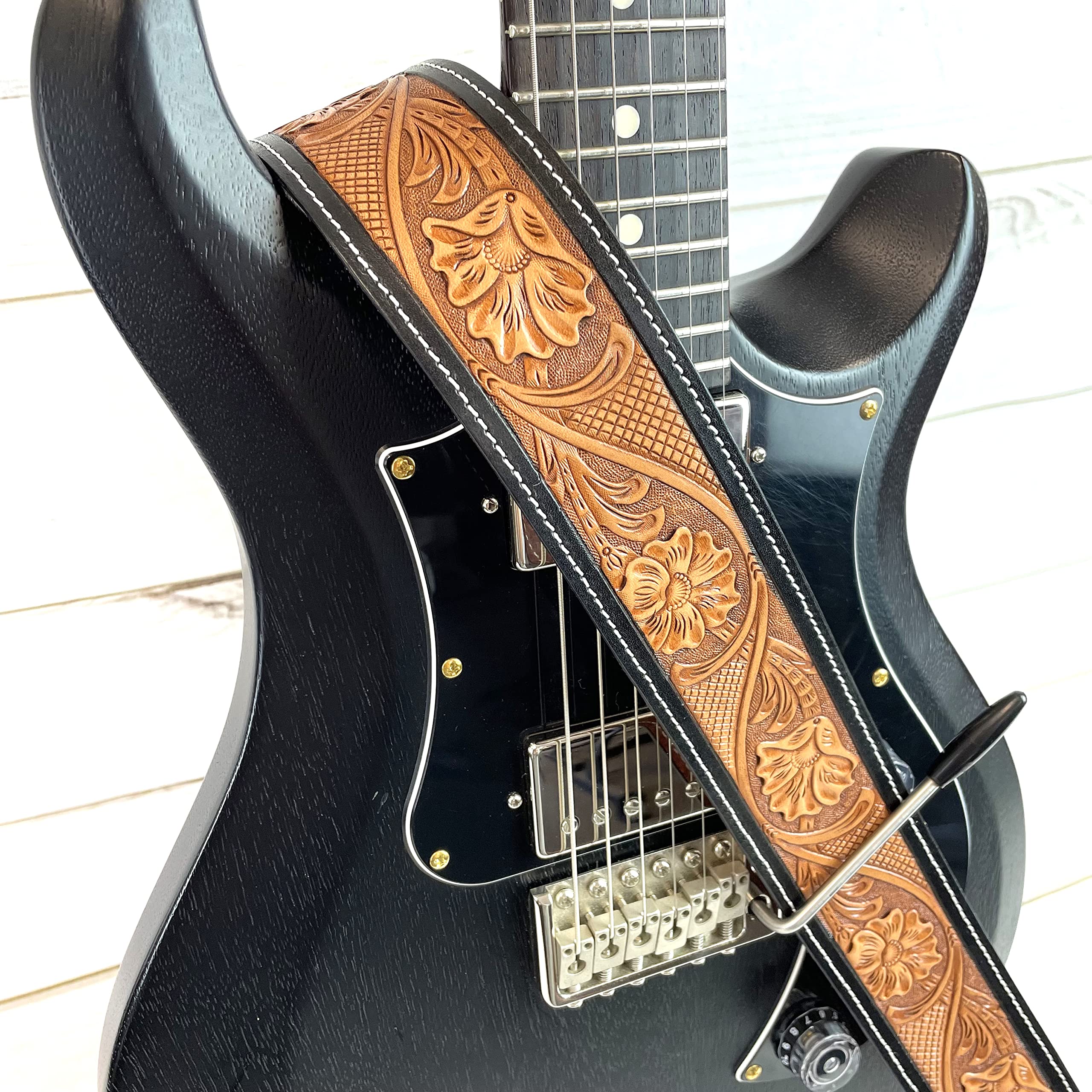 Walker & Williams LC-11 Handmade Super Premium Leather Guitar Strap with Hand Carved Live Oak Pattern And Peccary Backing For Acoustic, Electric, And Bass Guitars - Image 5