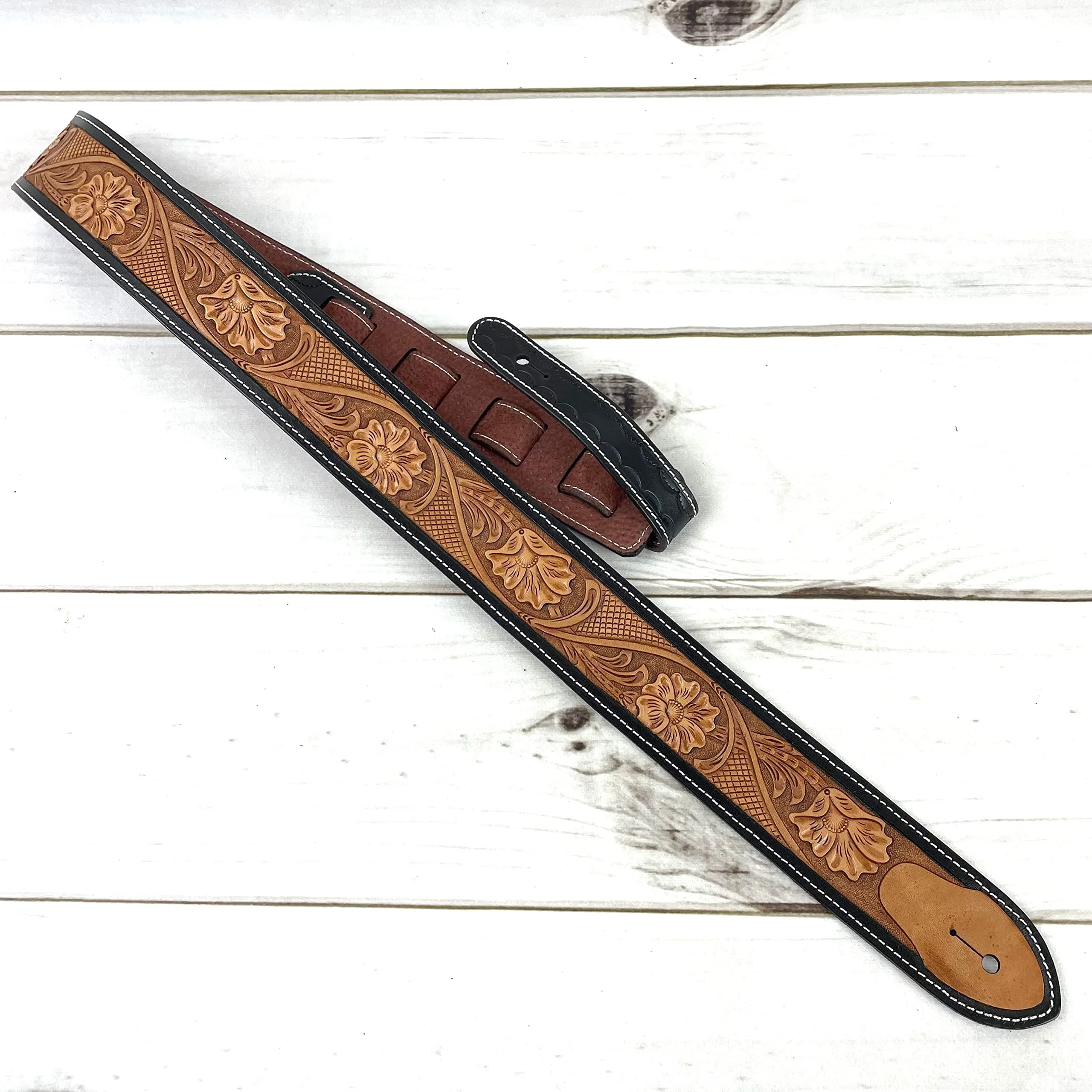 Walker & Williams LC-11 Handmade Super Premium Leather Guitar Strap with Hand Carved Live Oak Pattern And Peccary Backing For Acoustic, Electric, And Bass Guitars - Image 8