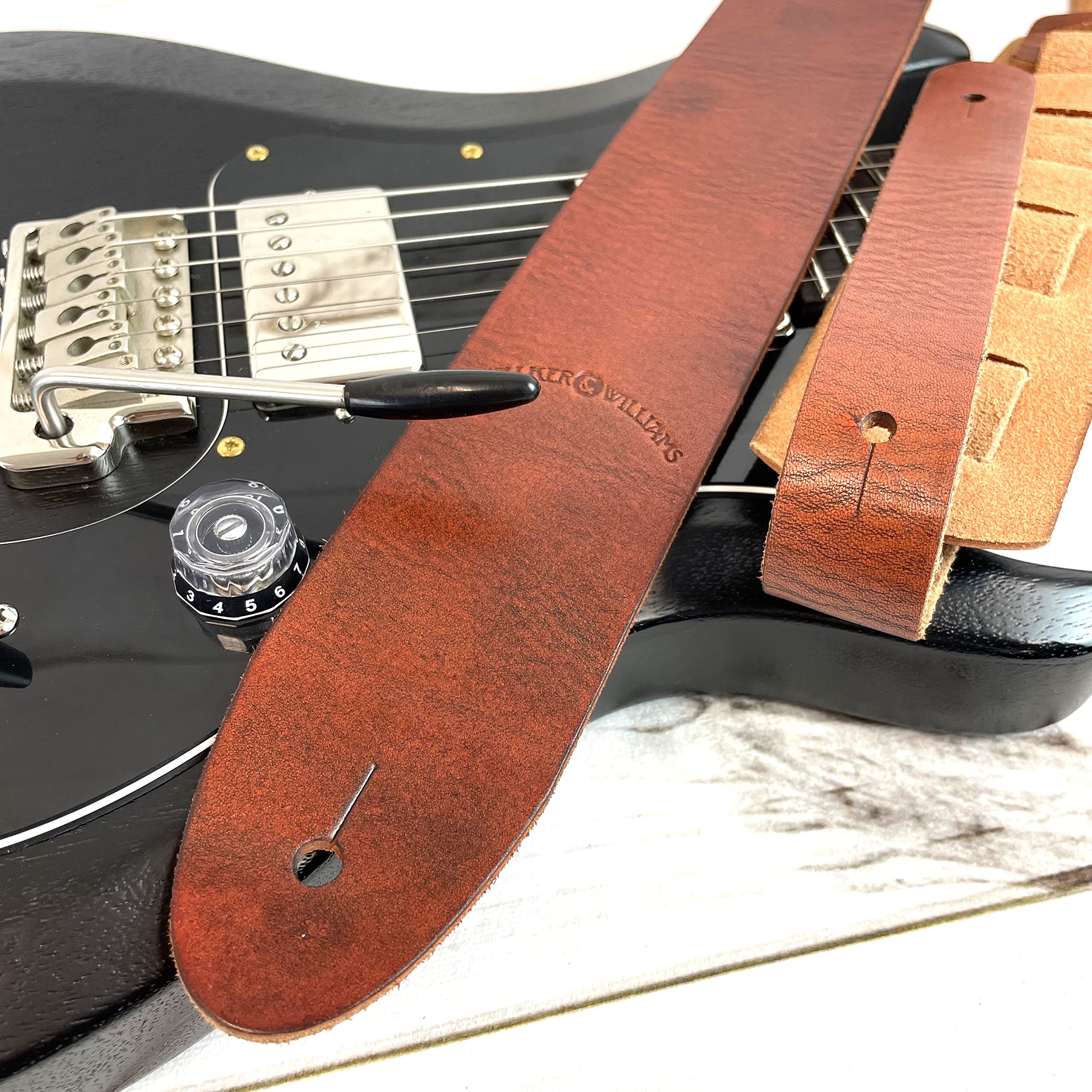 Walker & Williams S-02 Heavy Textured Whiskey Brown Full Grain Extra Thick Soft Italian Leather Rugged Finish Guitar Strap For Acoustic, Electric, And Bass Guitars - Image 2