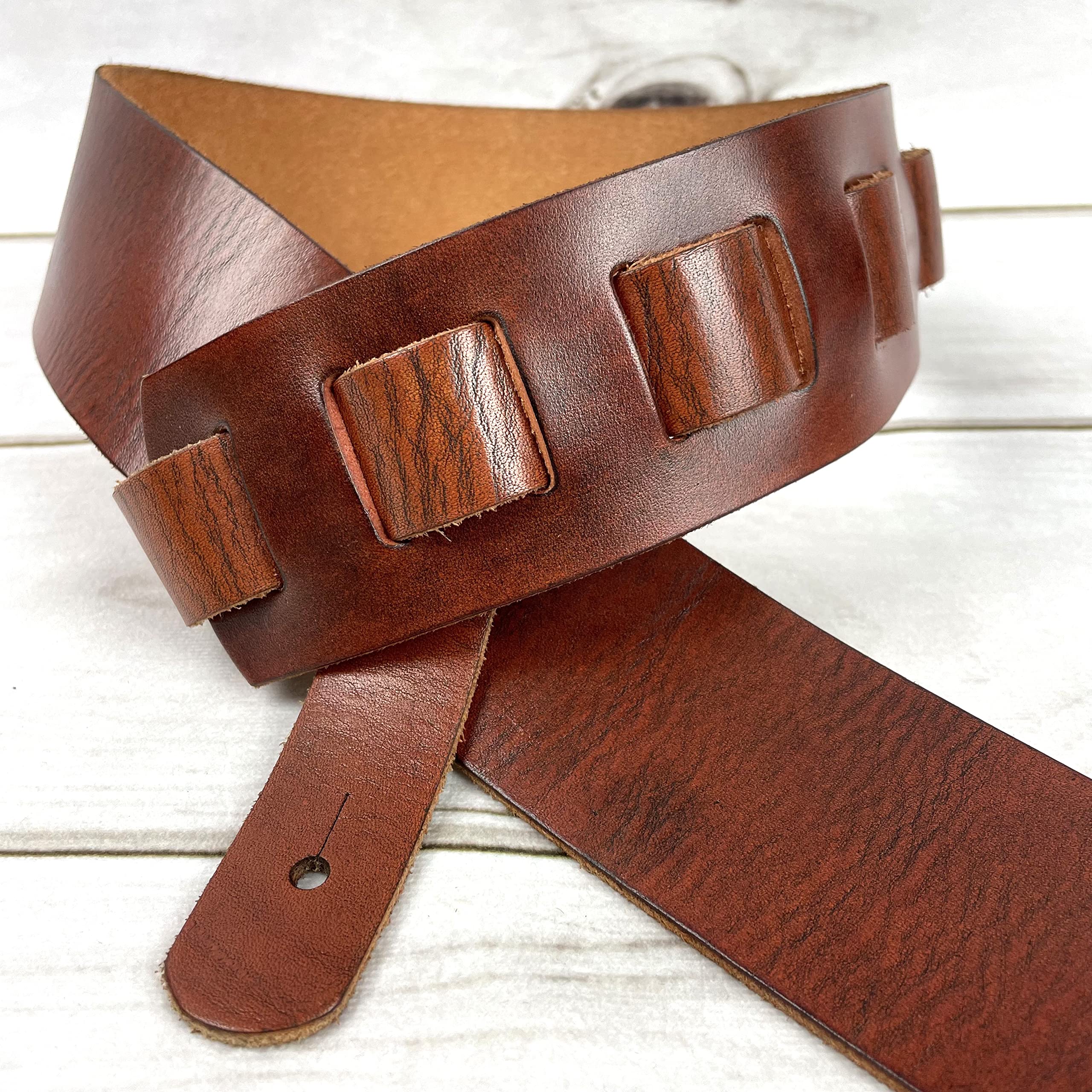Walker & Williams S-02 Heavy Textured Whiskey Brown Full Grain Extra Thick Soft Italian Leather Rugged Finish Guitar Strap For Acoustic, Electric, And Bass Guitars - Image 3