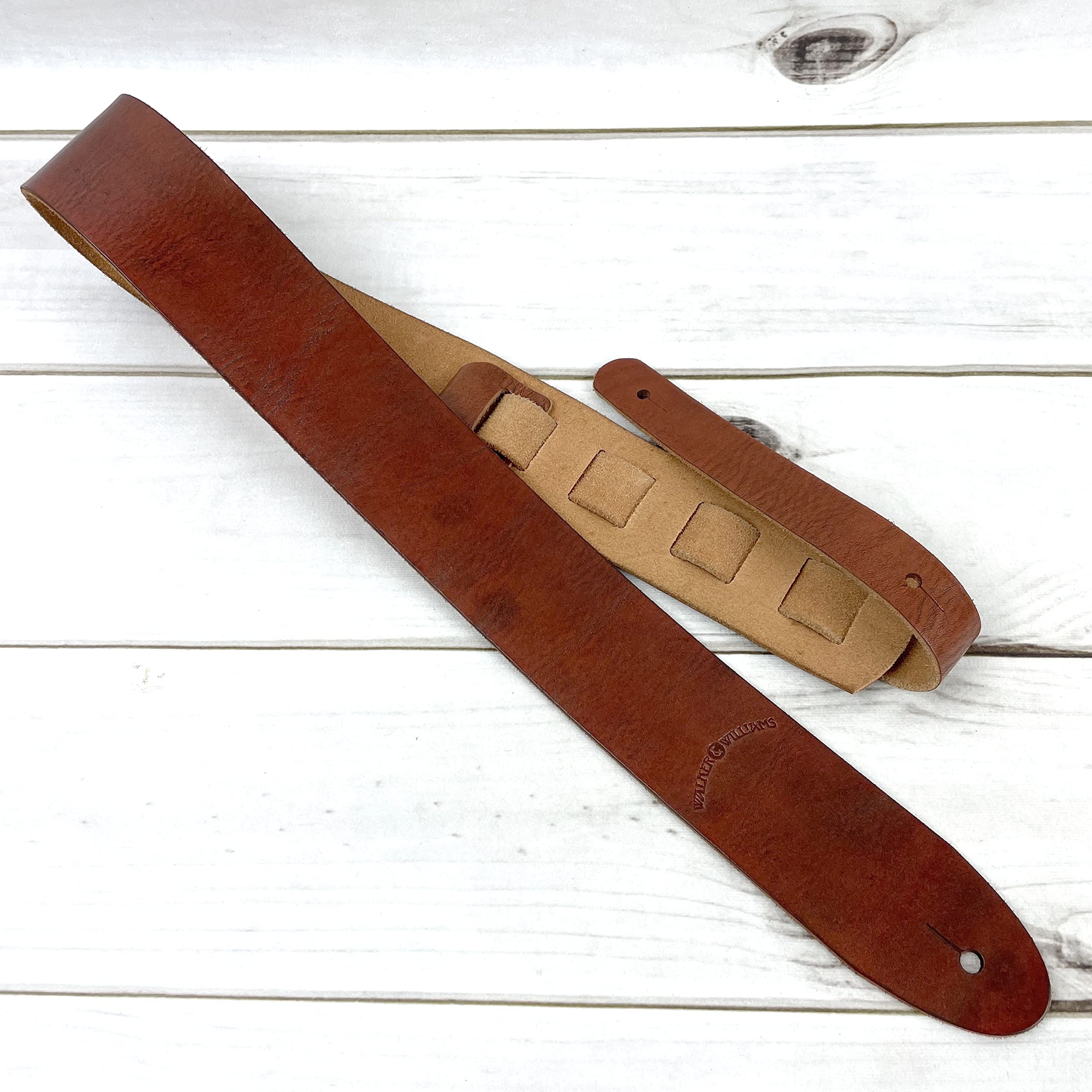 Walker & Williams S-02 Heavy Textured Whiskey Brown Full Grain Extra Thick Soft Italian Leather Rugged Finish Guitar Strap For Acoustic, Electric, And Bass Guitars - Image 7