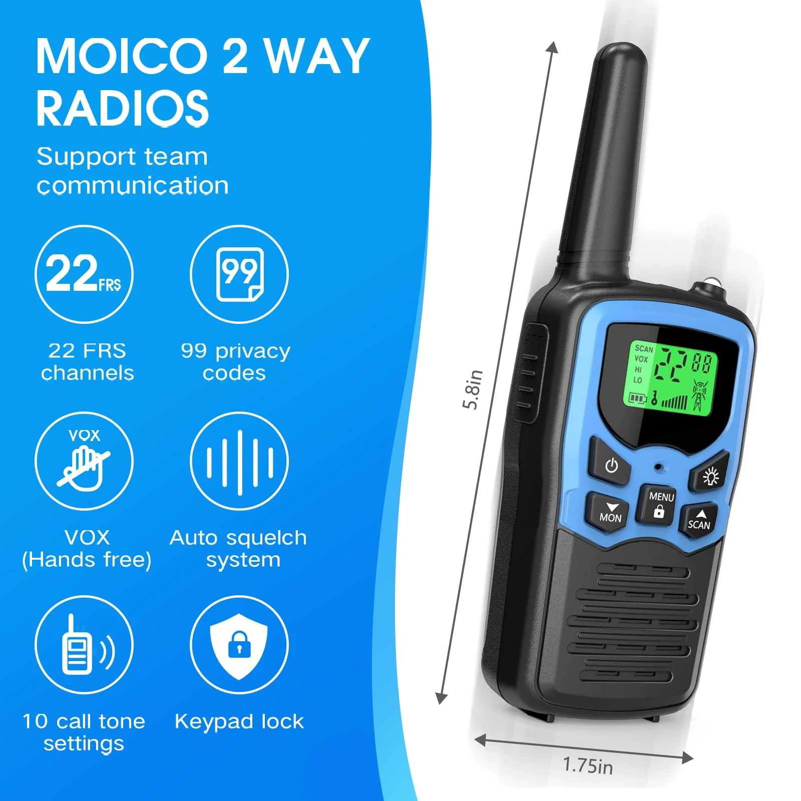 Walkie Talkies,MOICO Long Range Walkie Talkies for Adults Two-Way Radios with 22 Channels FRS VOX Scan LCD Display with LED Flashlight for Field, Survival Biking Hiking Camping 2 Pack (Blue) Blue - Image 2