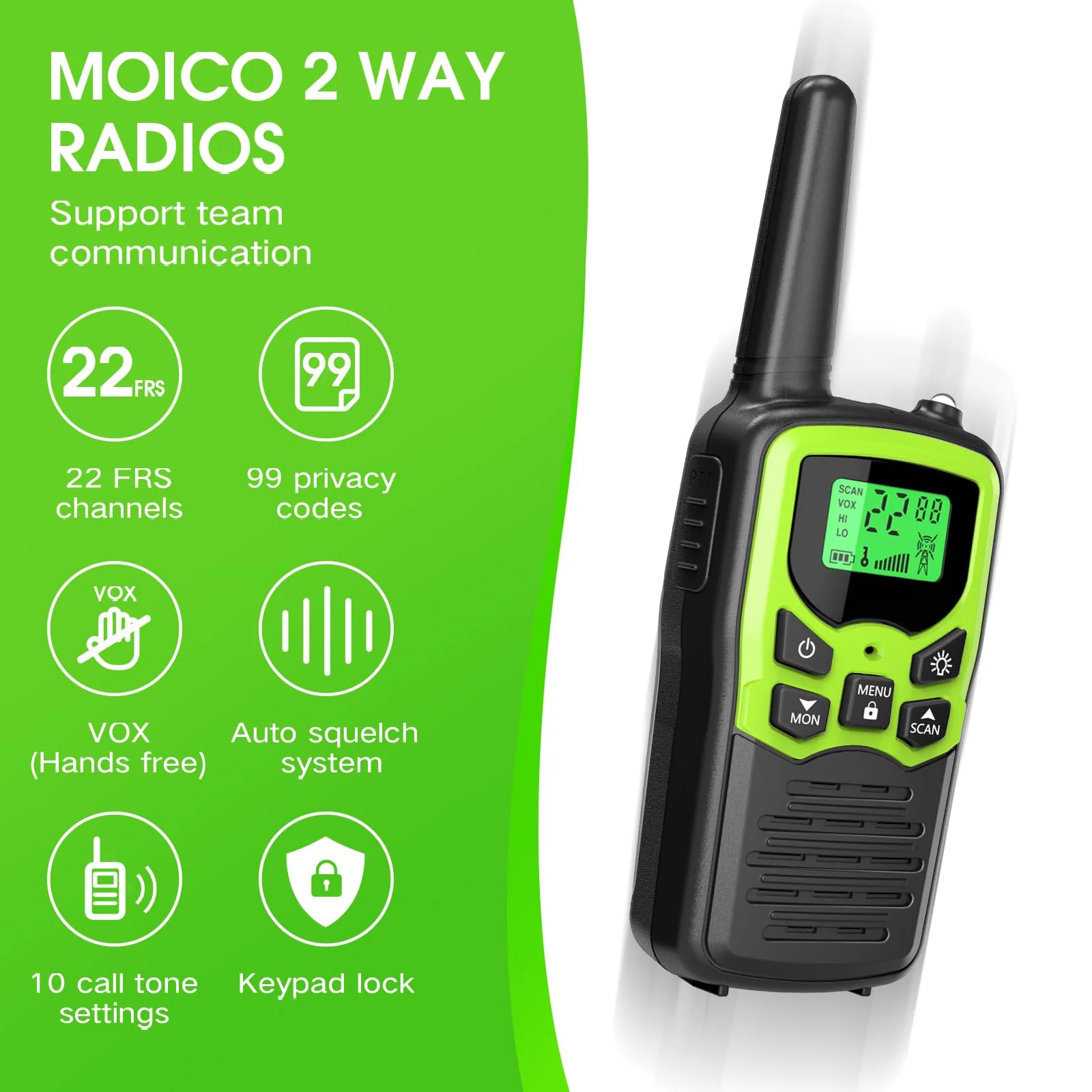 Walkie Talkies with 22 FRS Channels, MOICO Walkie Talkies for Adults with LED Flashlight VOX Scan LCD Display, Long Range Family Walkie Talkie Radios for Hiking Camping Trip (Green) Green - Image 2